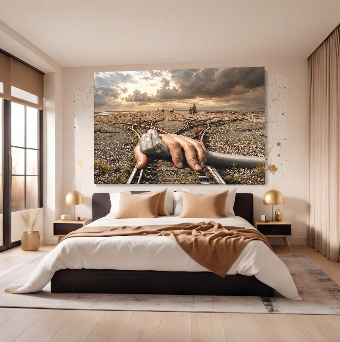 Tablou Canvas Premium LuxCanva® U1047, Mana Gigantica Pe Sinele De Tren, Peisaj, Surrealism, Calatorie, Maini, Living, Dormitor, Culori Vibrante