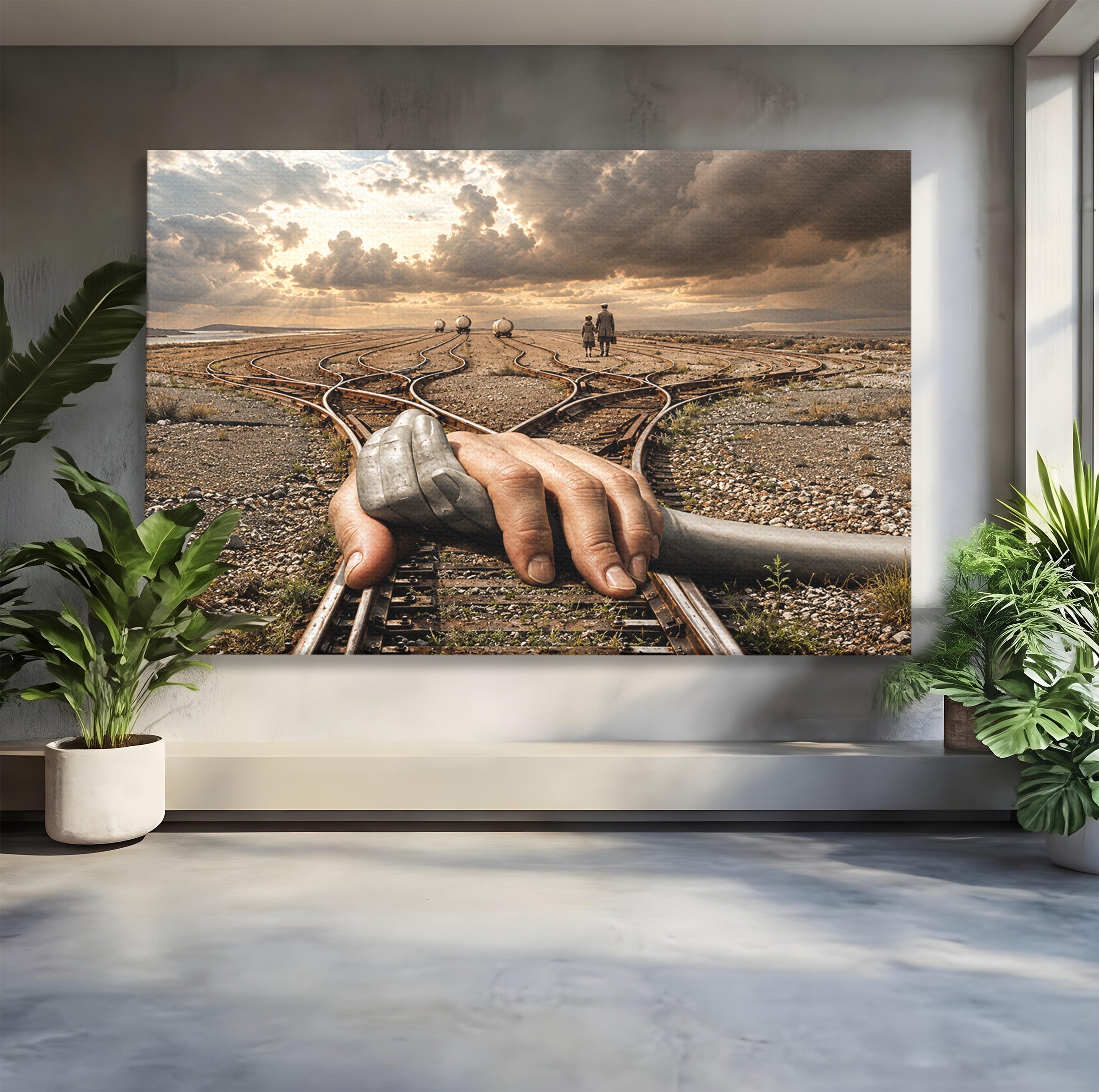 Tablou Canvas Premium LuxCanva® U1047, Mana Gigantica Pe Sinele De Tren, Peisaj, Surrealism, Calatorie, Maini, Living, Dormitor, Culori Vibrante