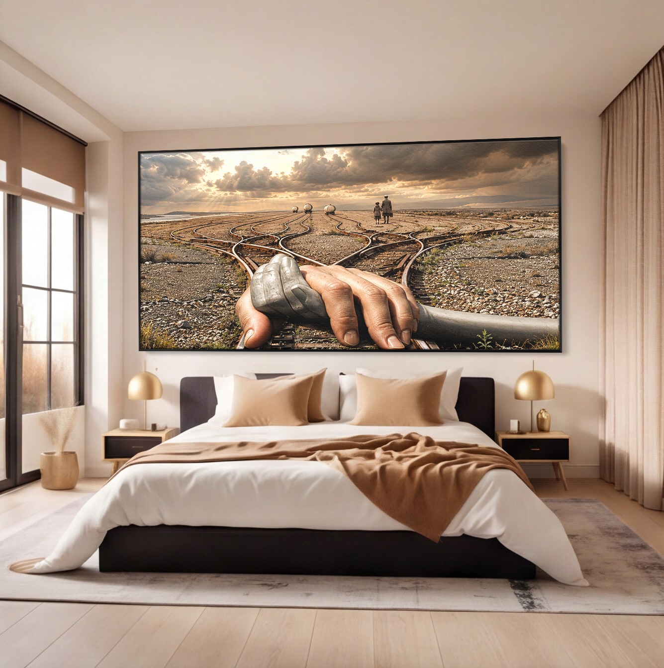 Tablou Canvas Premium LuxCanva® U1047, Mana Gigantica Pe Sinele De Tren, Peisaj, Surrealism, Calatorie, Maini, Living, Dormitor, Culori Vibrante