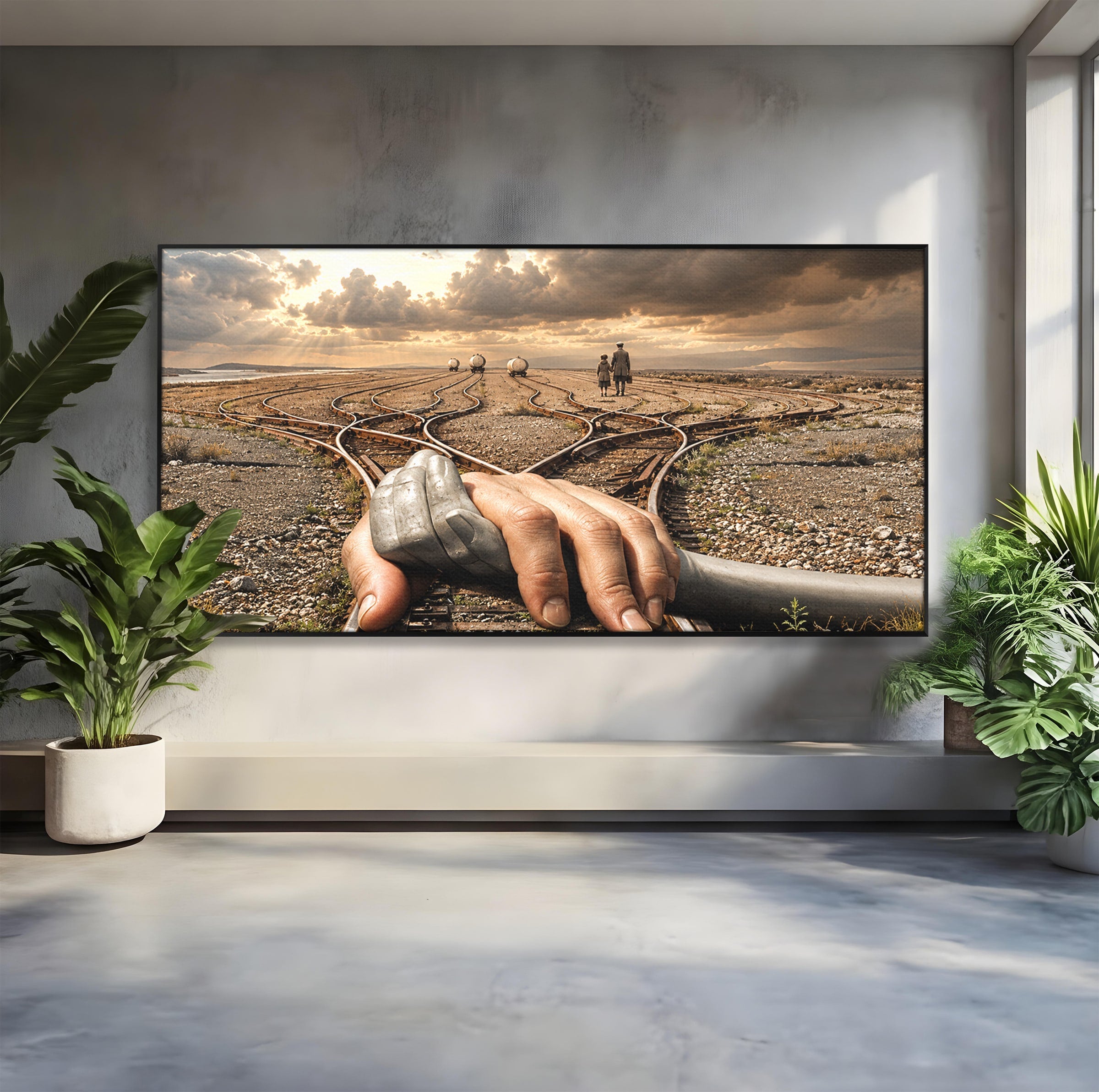 Tablou Canvas Premium LuxCanva® U1047, Mana Gigantica Pe Sinele De Tren, Peisaj, Surrealism, Calatorie, Maini, Living, Dormitor, Culori Vibrante