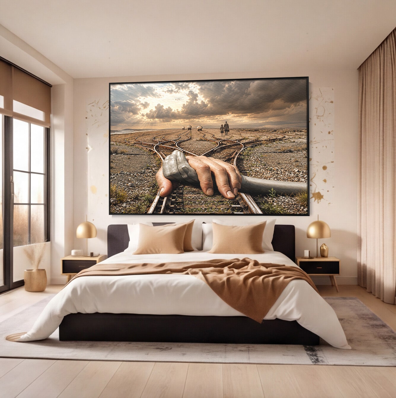 Tablou Canvas Premium LuxCanva® U1047, Mana Gigantica Pe Sinele De Tren, Peisaj, Surrealism, Calatorie, Maini, Living, Dormitor, Culori Vibrante