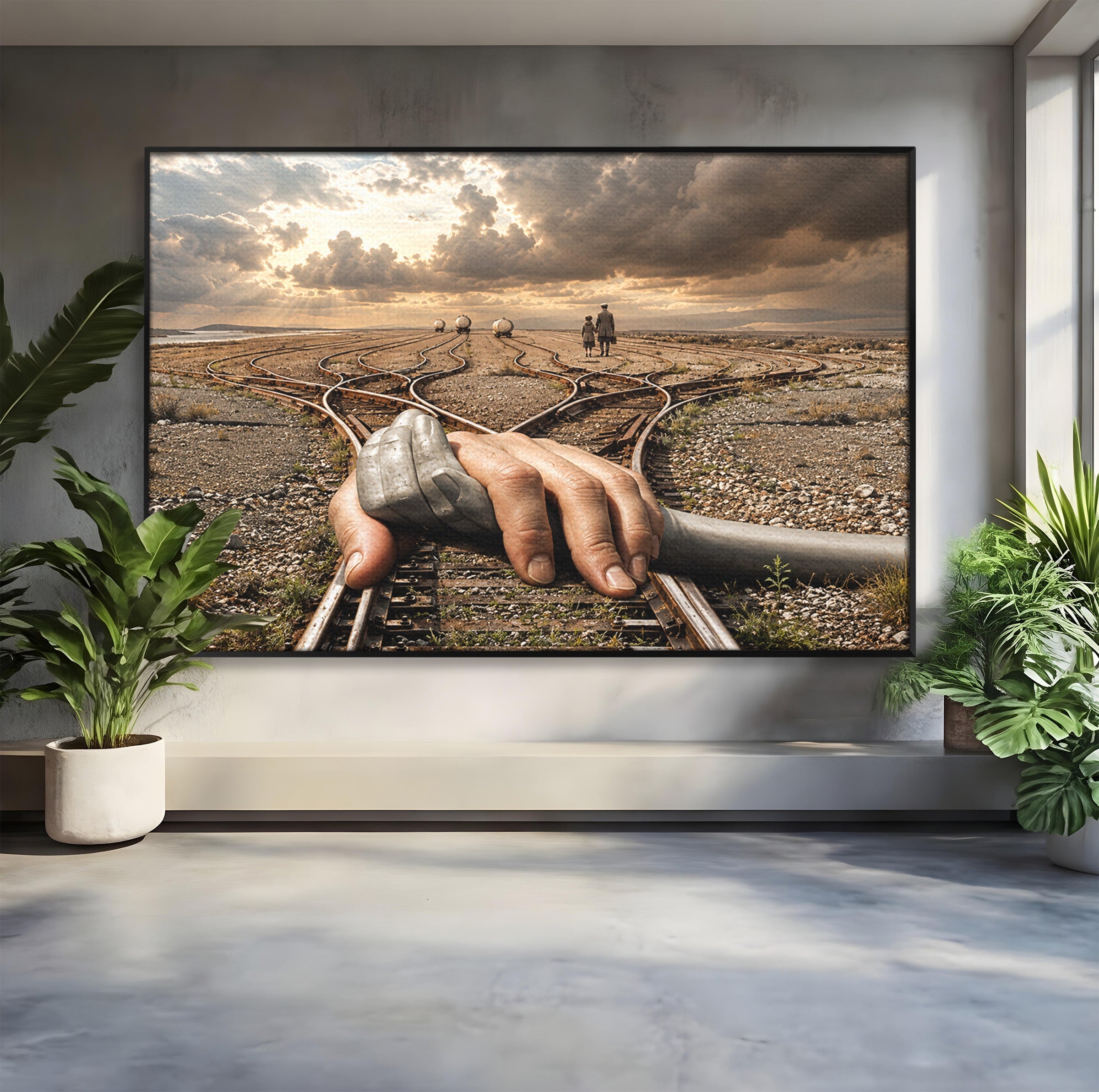 Tablou Canvas Premium LuxCanva® U1047, Mana Gigantica Pe Sinele De Tren, Peisaj, Surrealism, Calatorie, Maini, Living, Dormitor, Culori Vibrante