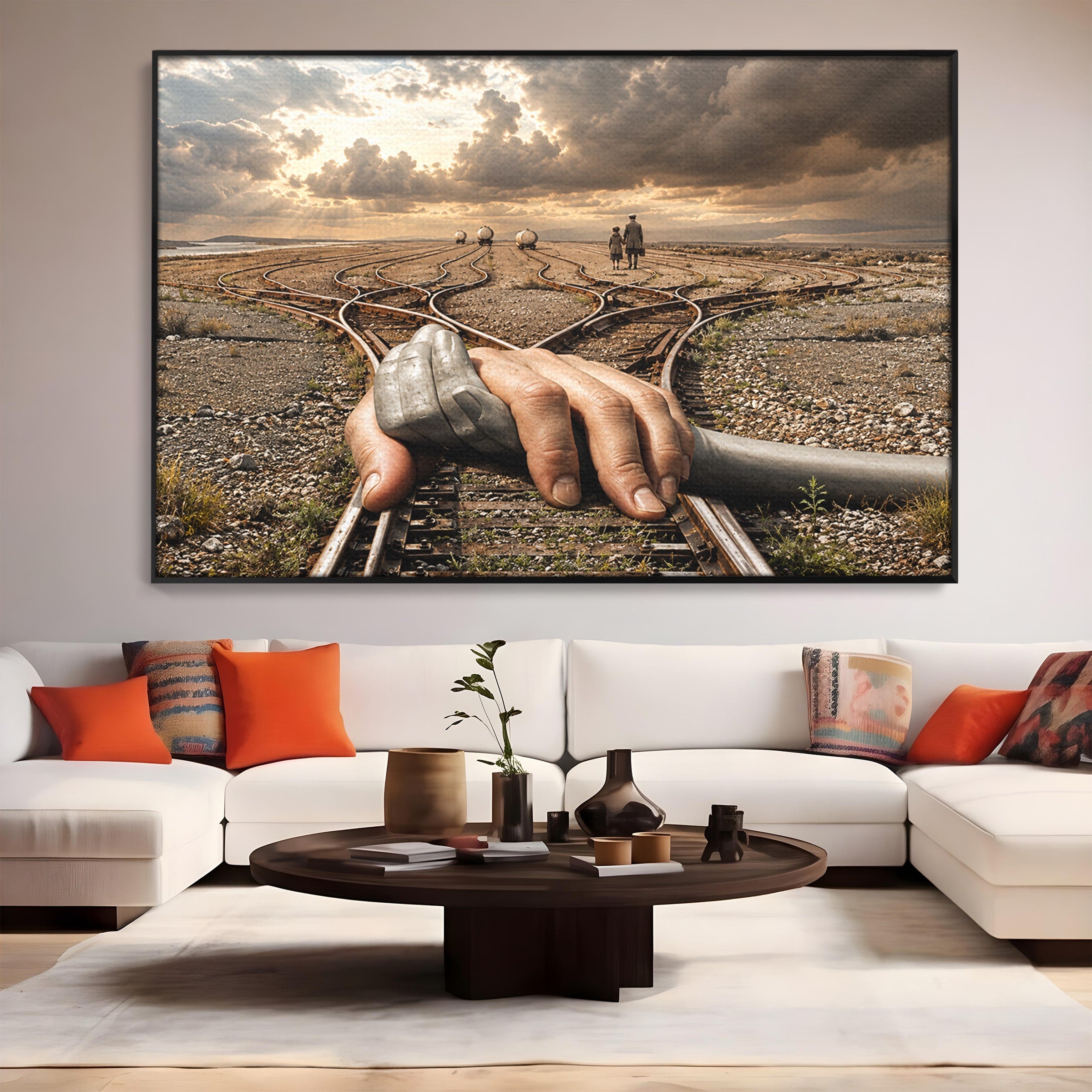 Tablou Canvas Premium LuxCanva® U1047, Mana Gigantica Pe Sinele De Tren, Peisaj, Surrealism, Calatorie, Maini, Living, Dormitor, Culori Vibrante