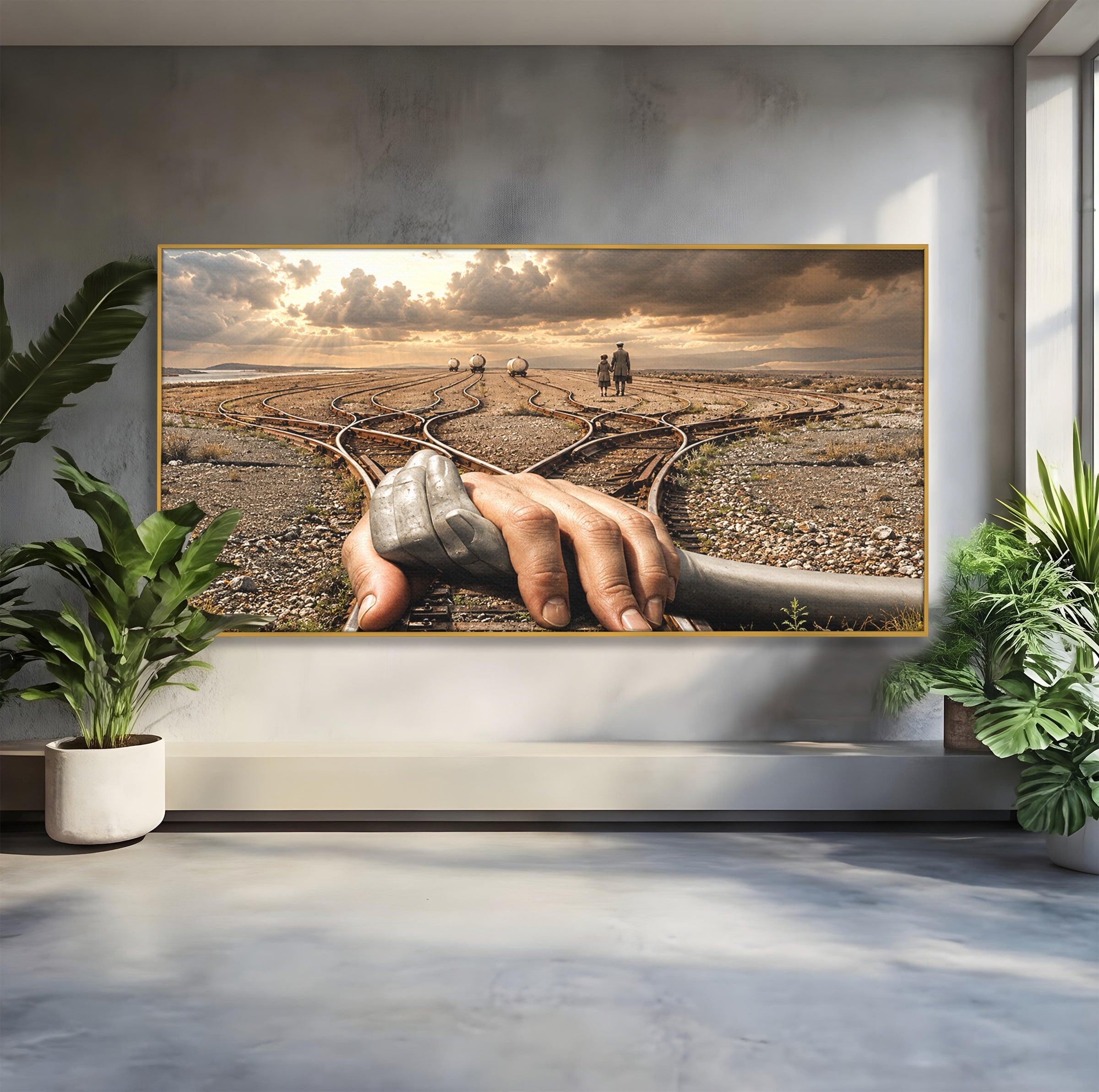 Tablou Canvas Premium LuxCanva® U1047, Mana Gigantica Pe Sinele De Tren, Peisaj, Surrealism, Calatorie, Maini, Living, Dormitor, Culori Vibrante