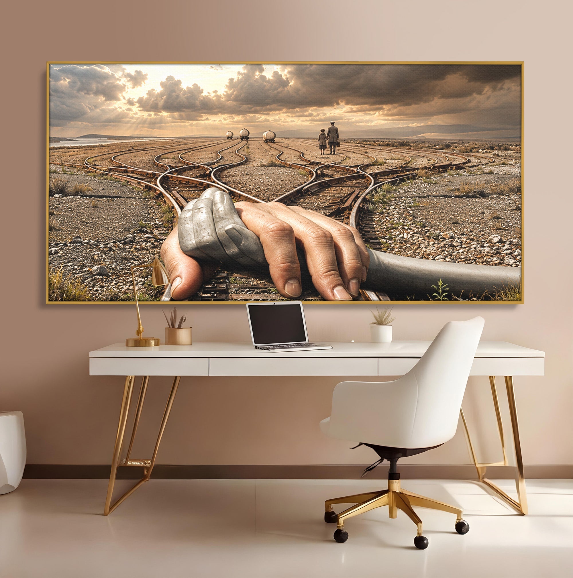 Tablou Canvas Premium LuxCanva® U1047, Mana Gigantica Pe Sinele De Tren, Peisaj, Surrealism, Calatorie, Maini, Living, Dormitor, Culori Vibrante