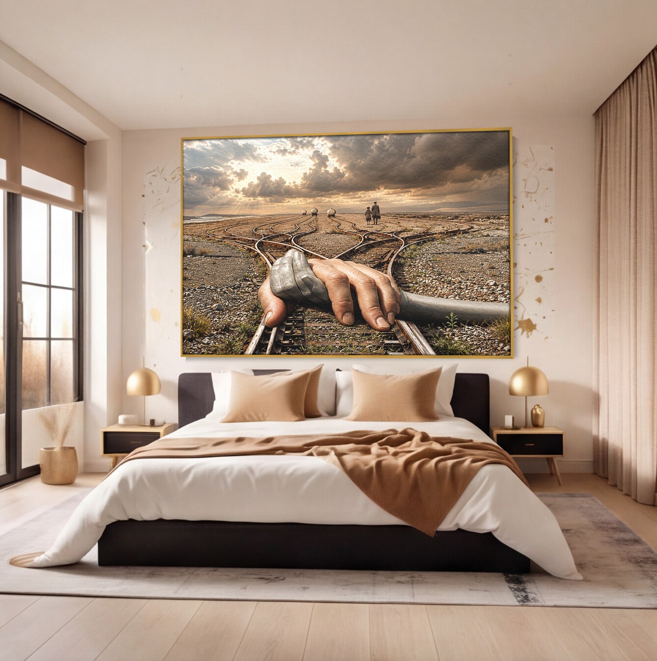 Tablou Canvas Premium LuxCanva® U1047, Mana Gigantica Pe Sinele De Tren, Peisaj, Surrealism, Calatorie, Maini, Living, Dormitor, Culori Vibrante