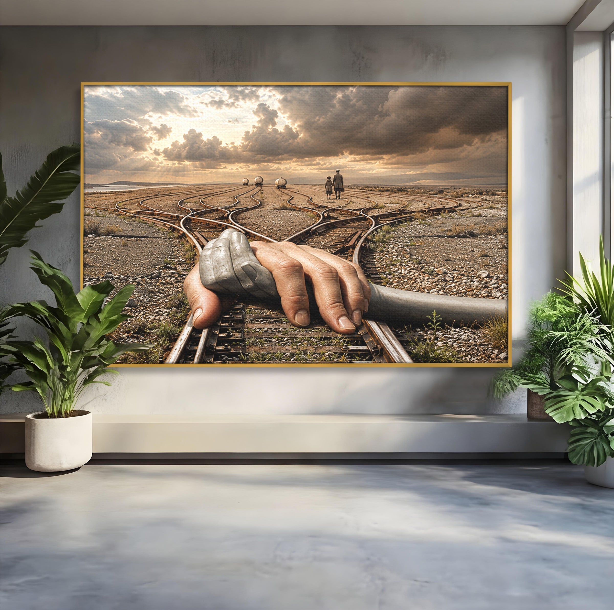 Tablou Canvas Premium LuxCanva® U1047, Mana Gigantica Pe Sinele De Tren, Peisaj, Surrealism, Calatorie, Maini, Living, Dormitor, Culori Vibrante