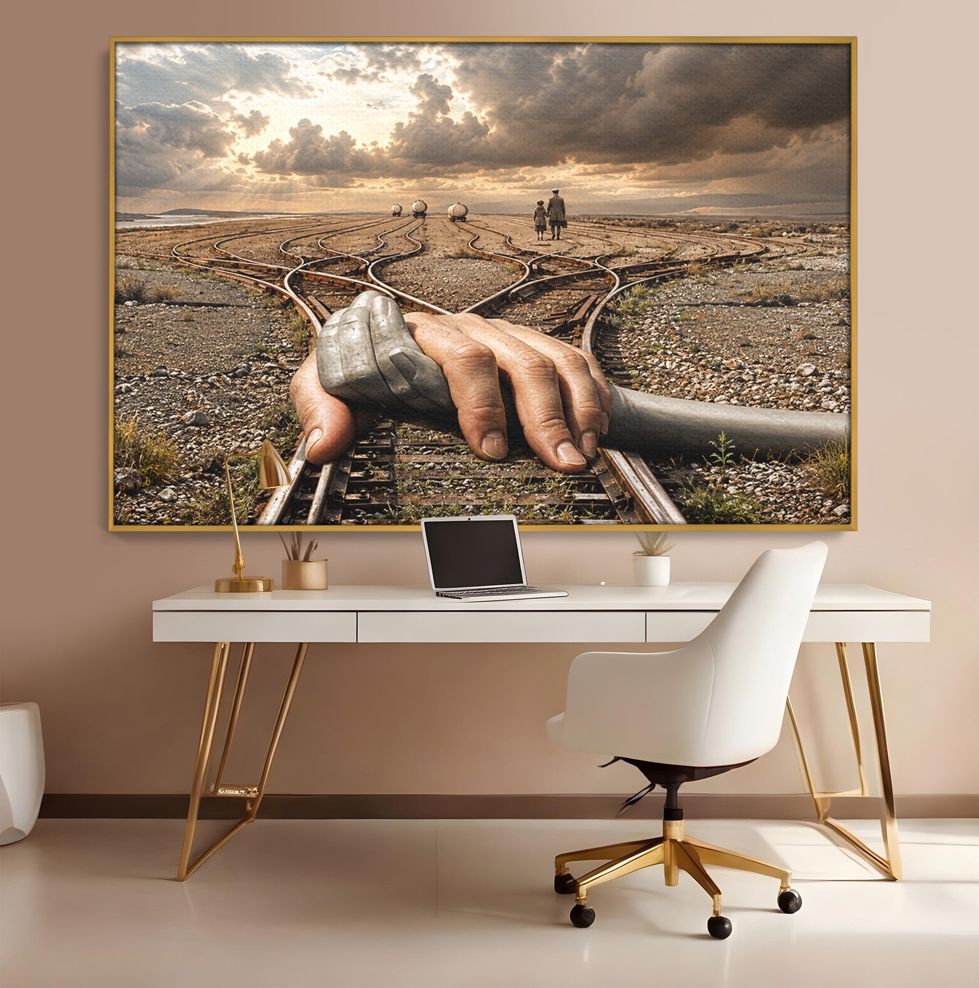 Tablou Canvas Premium LuxCanva® U1047, Mana Gigantica Pe Sinele De Tren, Peisaj, Surrealism, Calatorie, Maini, Living, Dormitor, Culori Vibrante