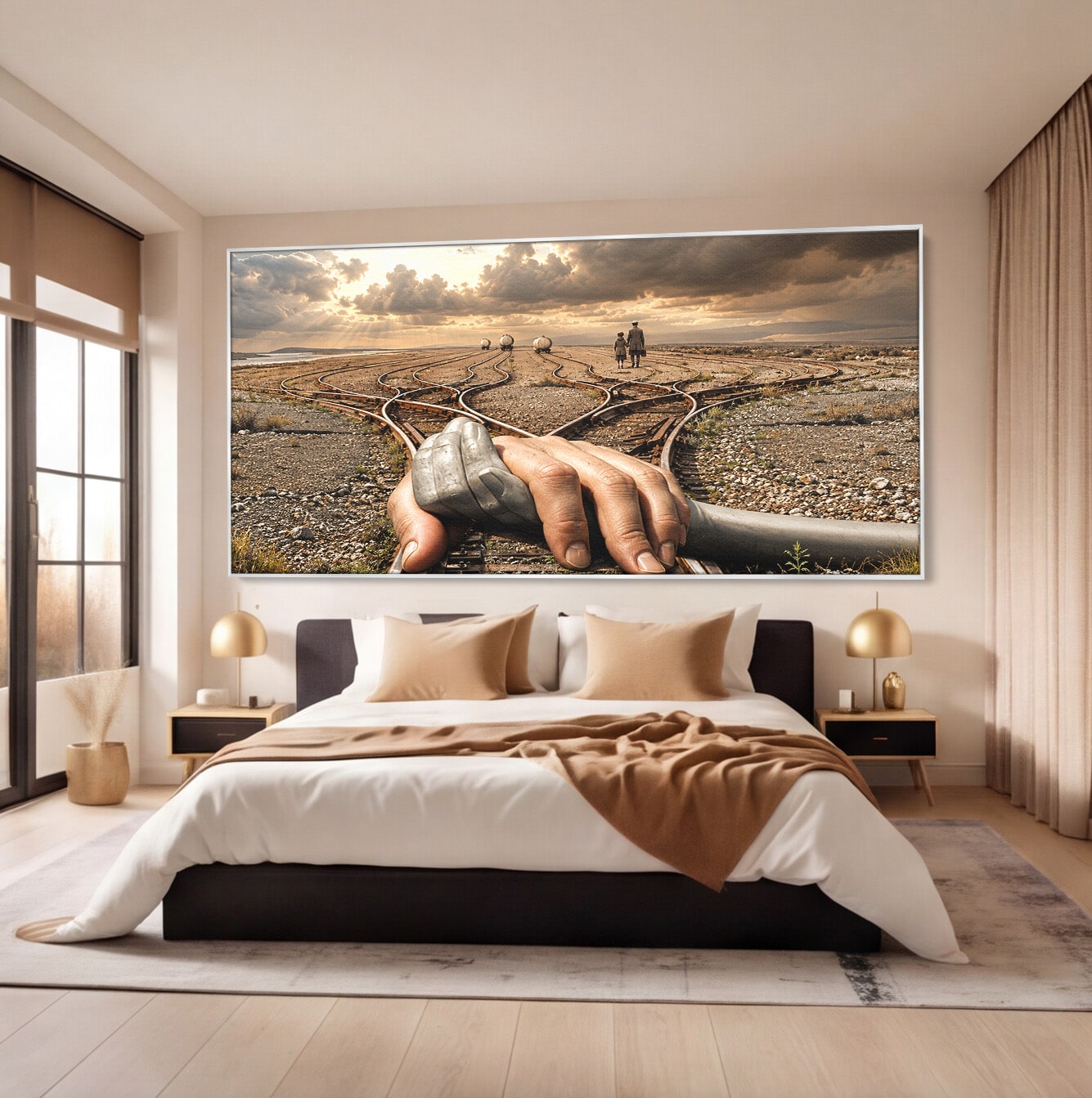 Tablou Canvas Premium LuxCanva® U1047, Mana Gigantica Pe Sinele De Tren, Peisaj, Surrealism, Calatorie, Maini, Living, Dormitor, Culori Vibrante