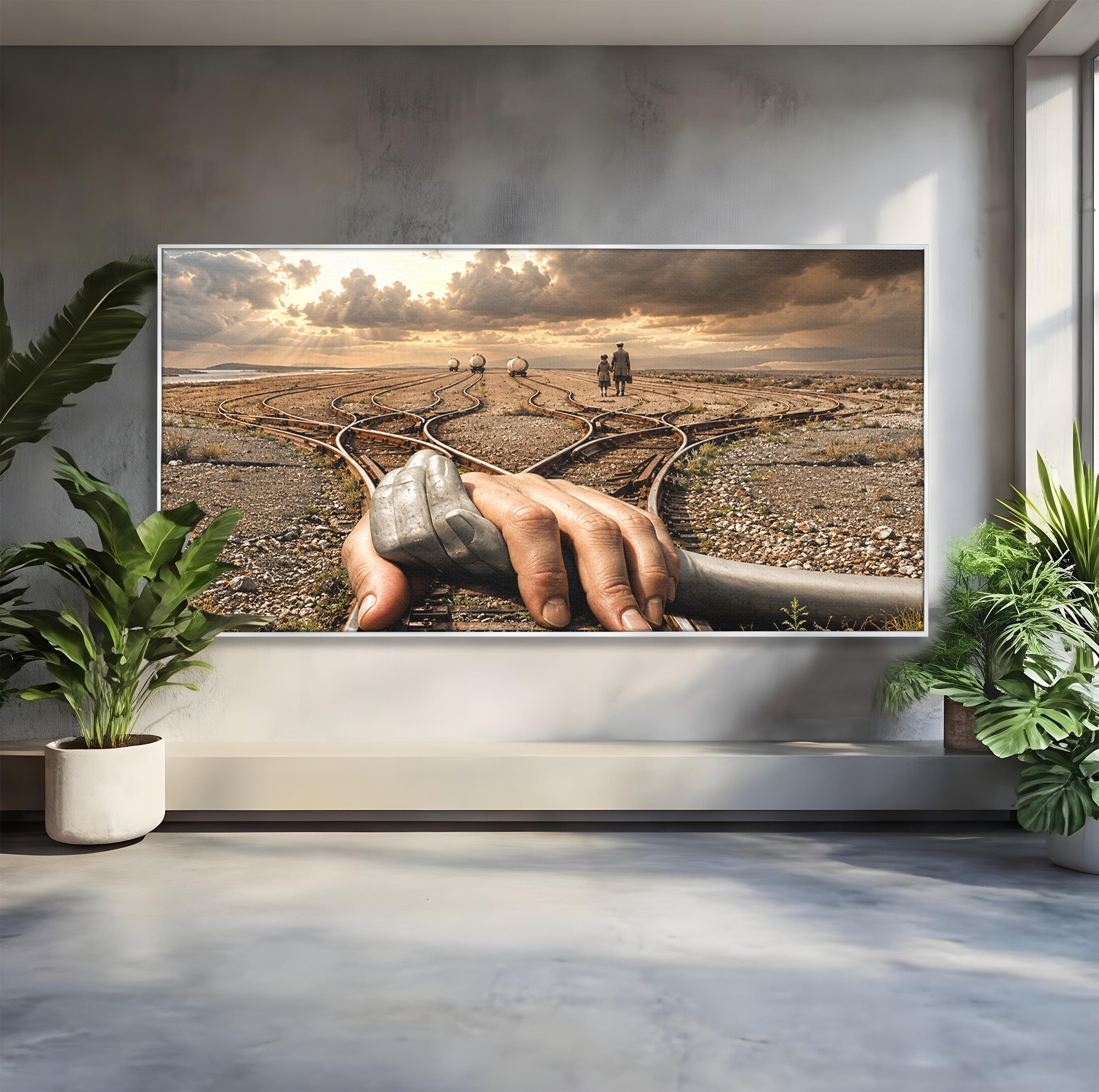 Tablou Canvas Premium LuxCanva® U1047, Mana Gigantica Pe Sinele De Tren, Peisaj, Surrealism, Calatorie, Maini, Living, Dormitor, Culori Vibrante