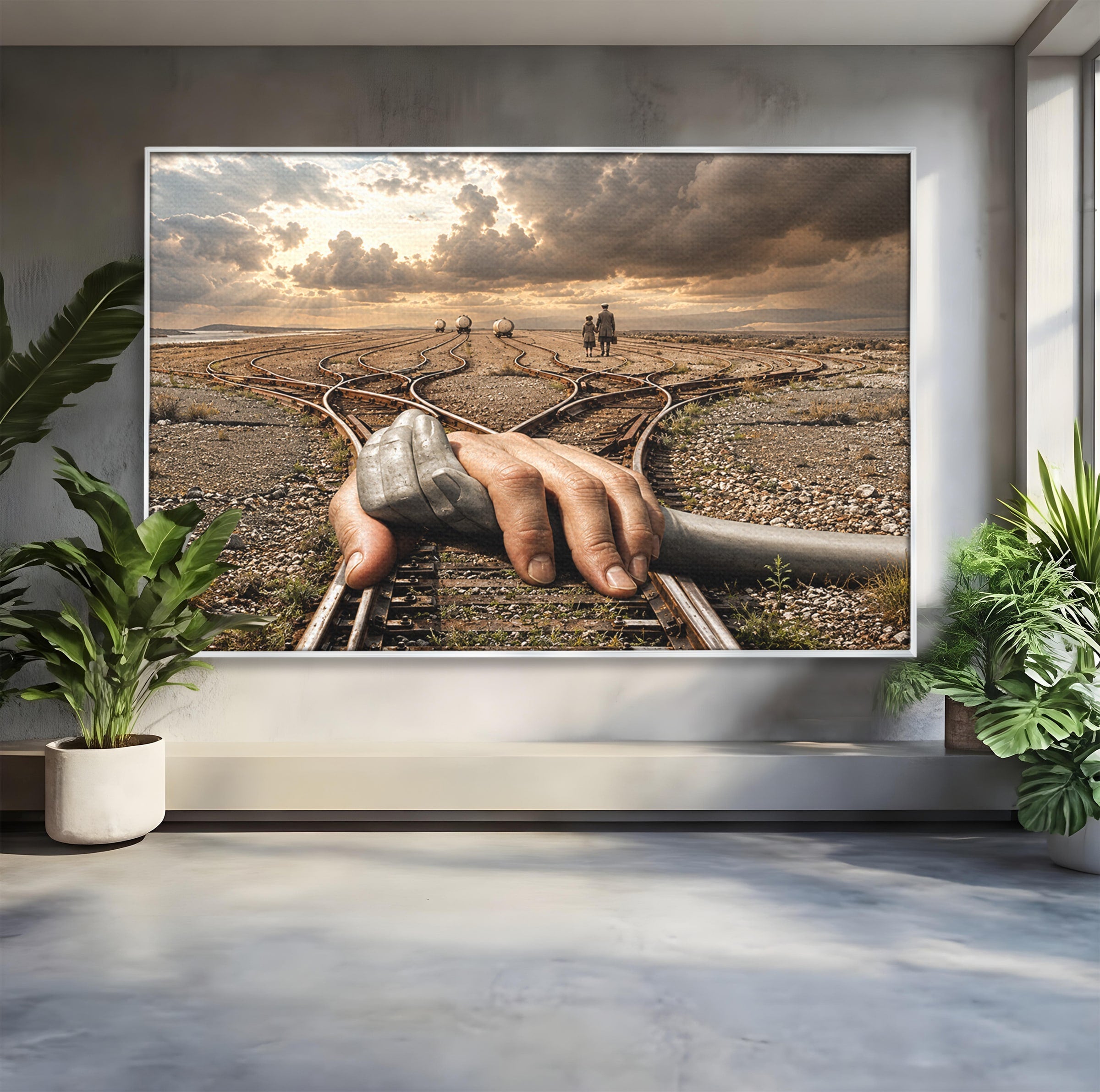 Tablou Canvas Premium LuxCanva® U1047, Mana Gigantica Pe Sinele De Tren, Peisaj, Surrealism, Calatorie, Maini, Living, Dormitor, Culori Vibrante