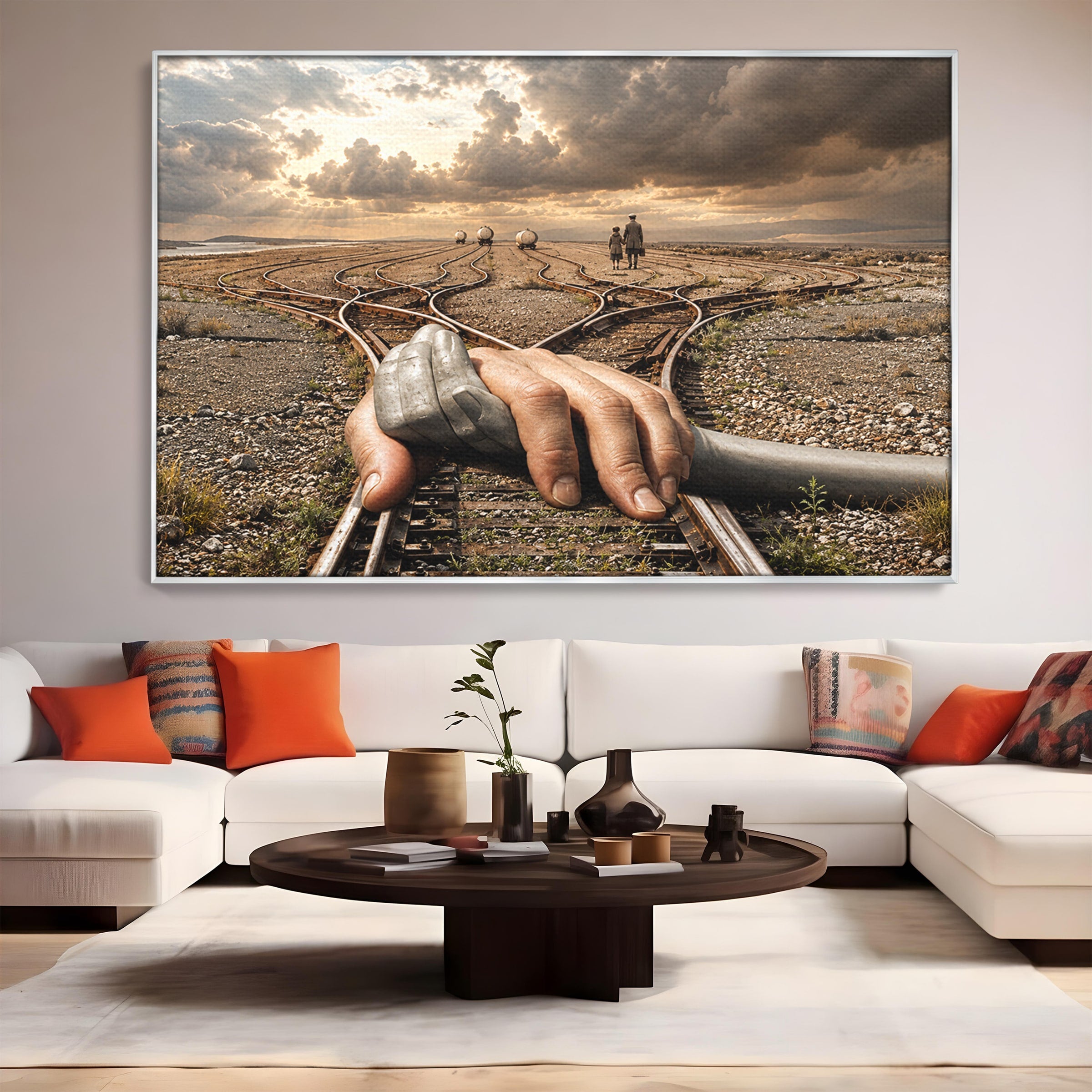 Tablou Canvas Premium LuxCanva® U1047, Mana Gigantica Pe Sinele De Tren, Peisaj, Surrealism, Calatorie, Maini, Living, Dormitor, Culori Vibrante