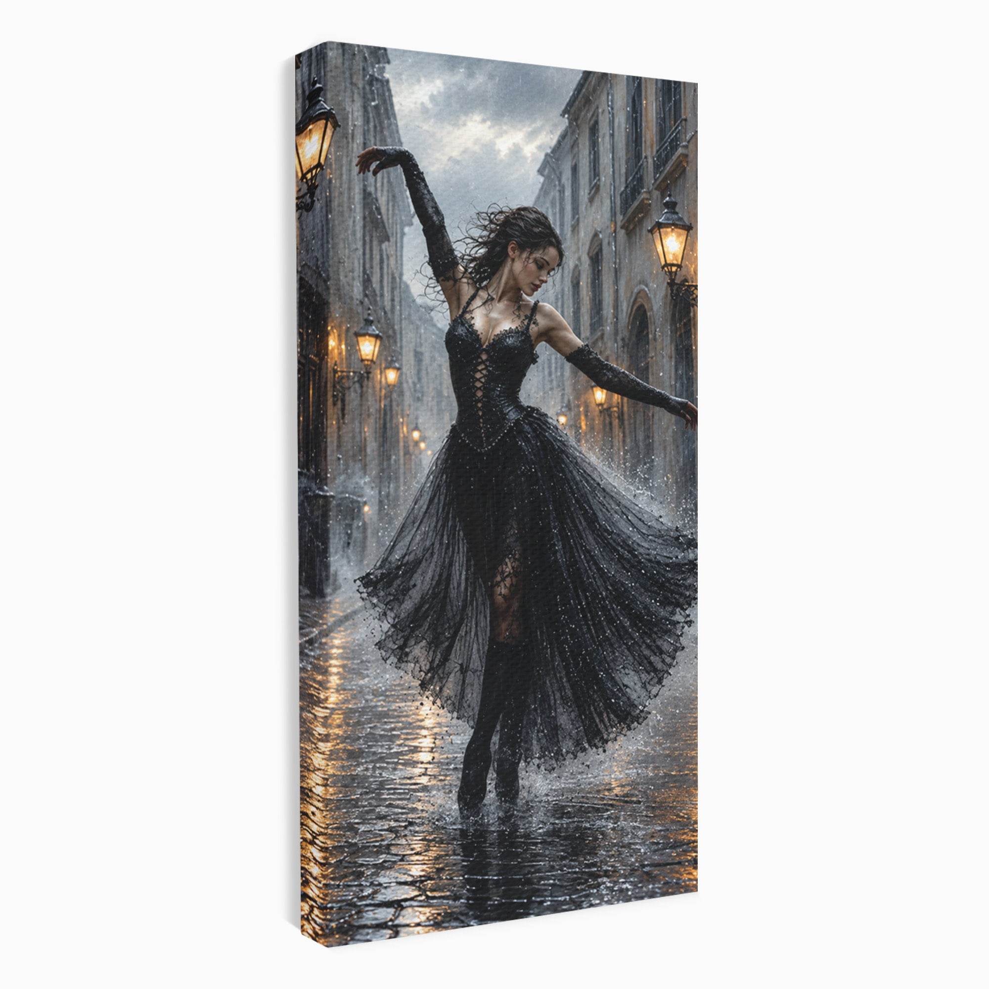 Tablou Canvas Premium LuxCanva® U1049, Balet Nocturn Pe Strazile Ude, Dansatoare, Ploaie, Romantic, Dramatic, Strada, Noapte, Living, Culori Vibrante