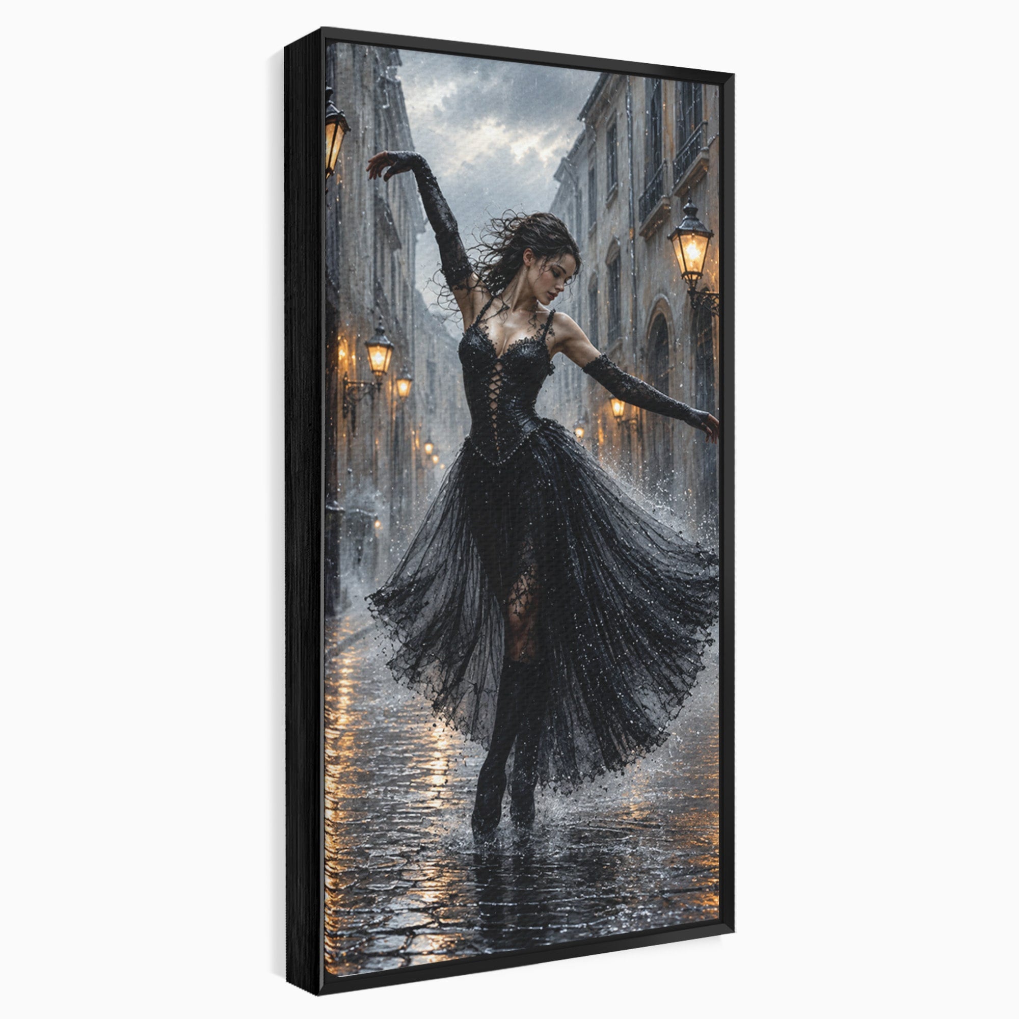 Tablou Canvas Premium LuxCanva® U1049, Balet Nocturn Pe Strazile Ude, Dansatoare, Ploaie, Romantic, Dramatic, Strada, Noapte, Living, Culori Vibrante