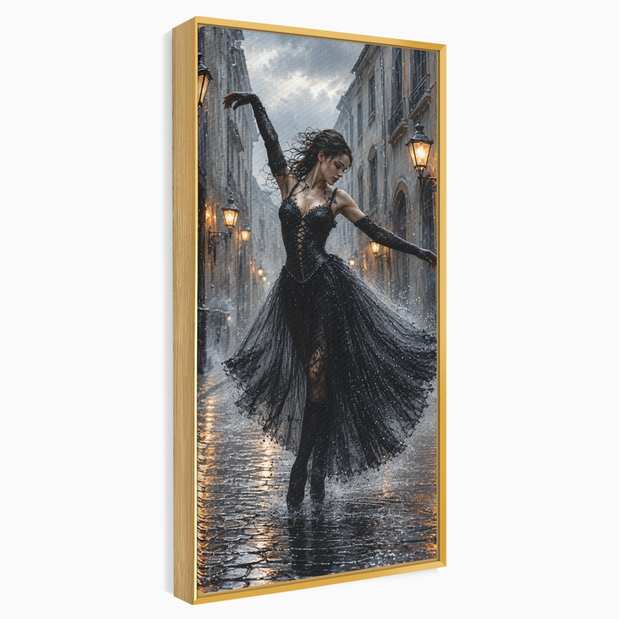 Tablou Canvas Premium LuxCanva® U1049, Balet Nocturn Pe Strazile Ude, Dansatoare, Ploaie, Romantic, Dramatic, Strada, Noapte, Living, Culori Vibrante