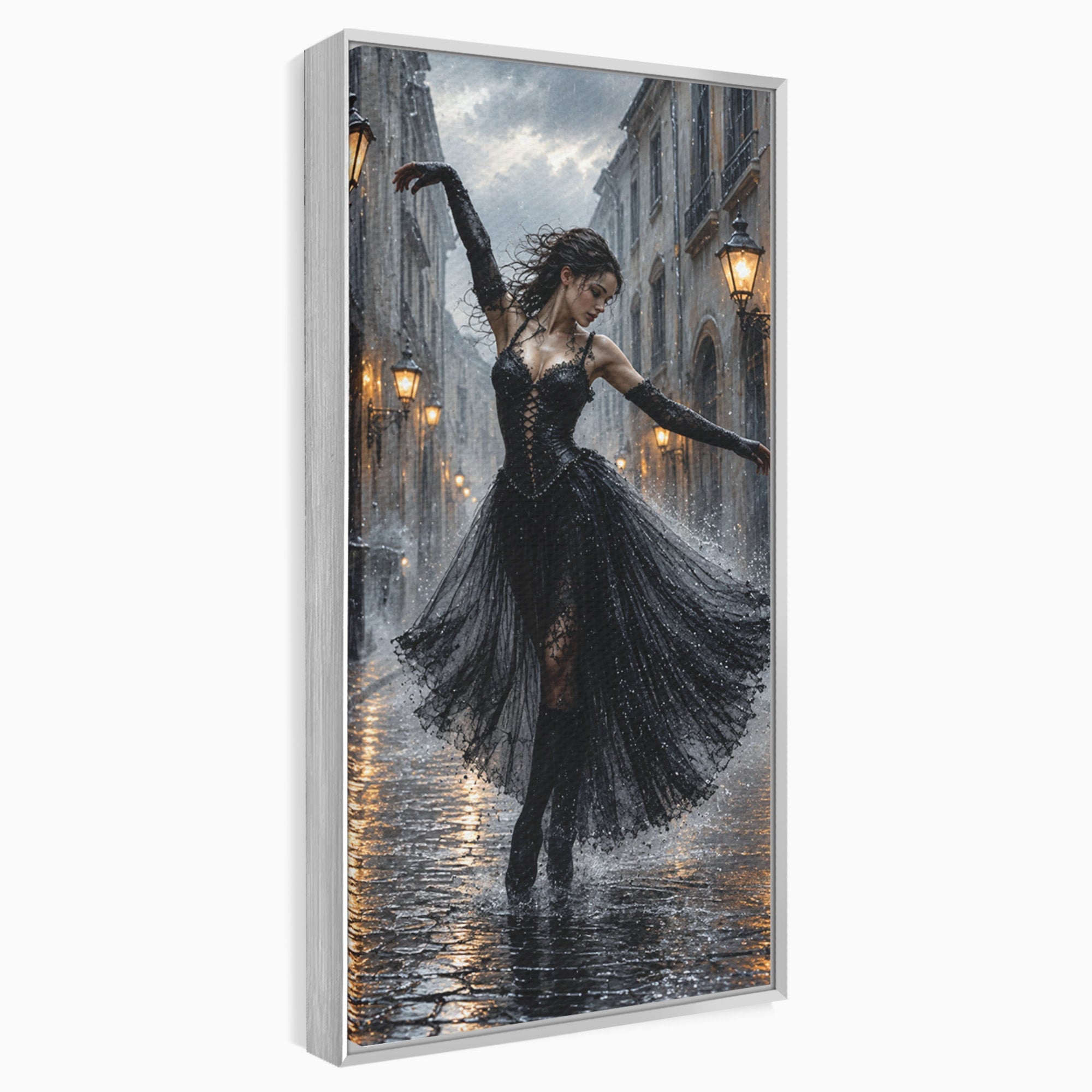 Tablou Canvas Premium LuxCanva® U1049, Balet Nocturn Pe Strazile Ude, Dansatoare, Ploaie, Romantic, Dramatic, Strada, Noapte, Living, Culori Vibrante