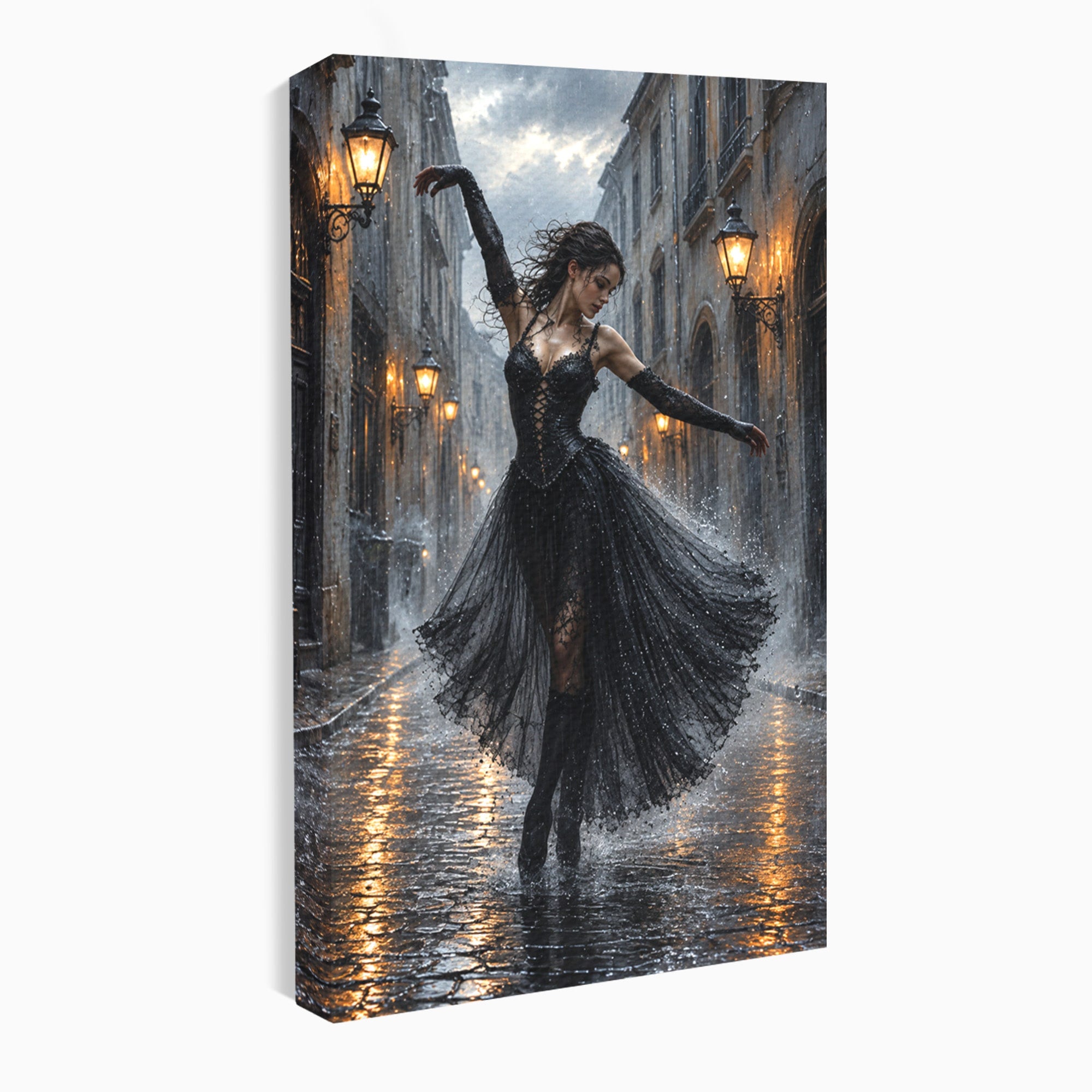 Tablou Canvas Premium LuxCanva® U1049, Balet Nocturn Pe Strazile Ude, Dansatoare, Ploaie, Romantic, Dramatic, Strada, Noapte, Living, Culori Vibrante