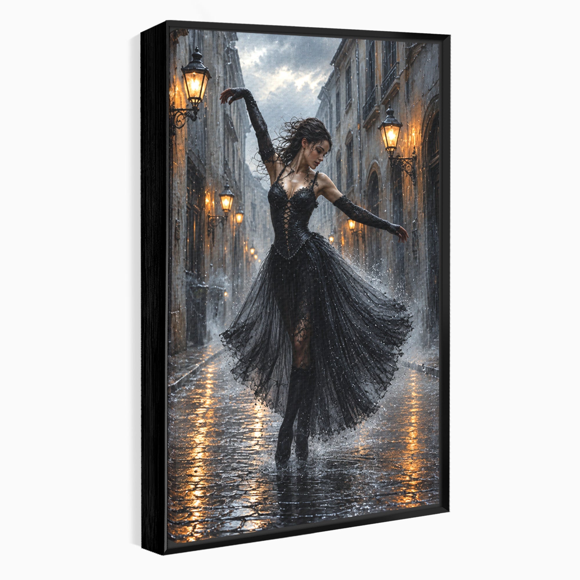 Tablou Canvas Premium LuxCanva® U1049, Balet Nocturn Pe Strazile Ude, Dansatoare, Ploaie, Romantic, Dramatic, Strada, Noapte, Living, Culori Vibrante