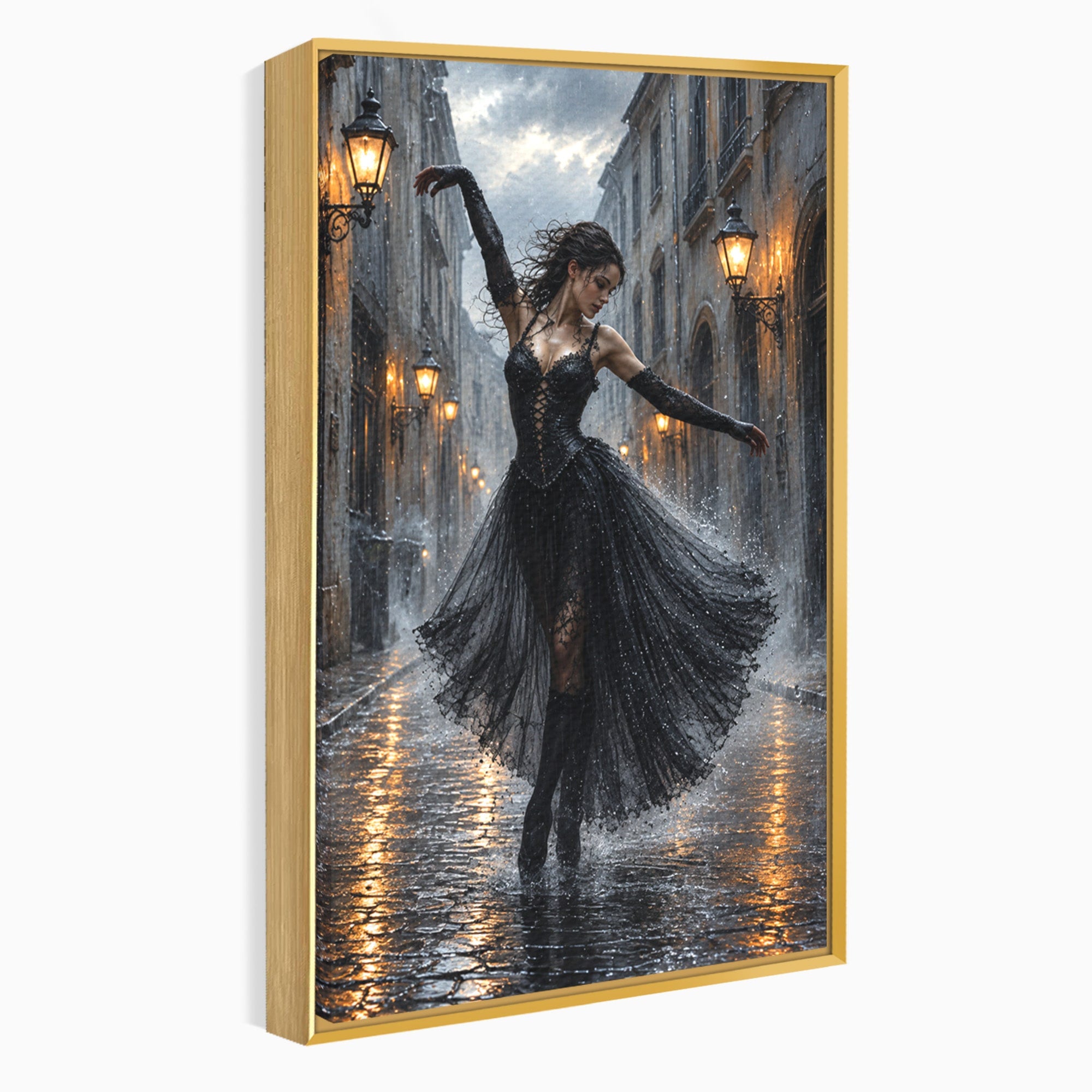 Tablou Canvas Premium LuxCanva® U1049, Balet Nocturn Pe Strazile Ude, Dansatoare, Ploaie, Romantic, Dramatic, Strada, Noapte, Living, Culori Vibrante