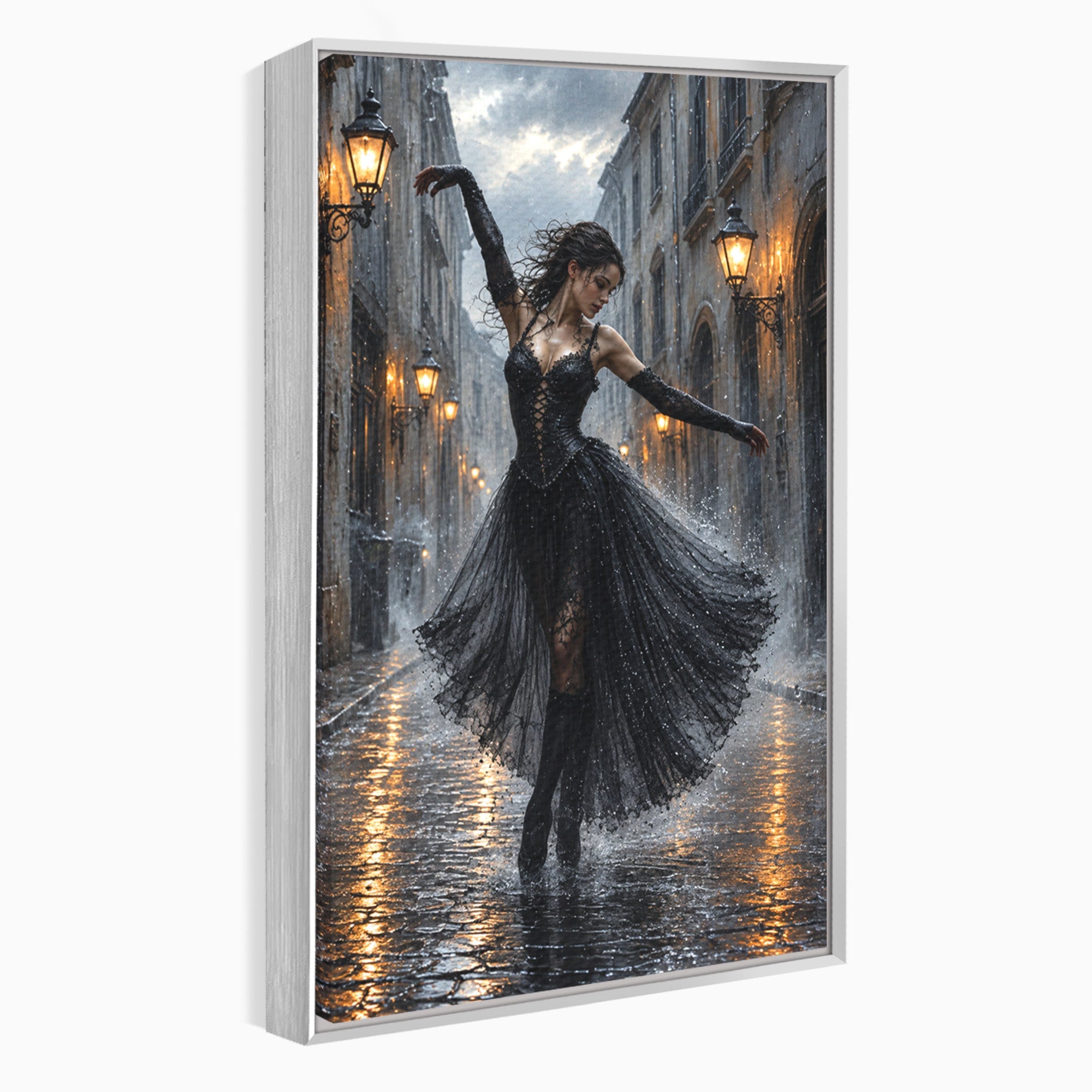 Tablou Canvas Premium LuxCanva® U1049, Balet Nocturn Pe Strazile Ude, Dansatoare, Ploaie, Romantic, Dramatic, Strada, Noapte, Living, Culori Vibrante