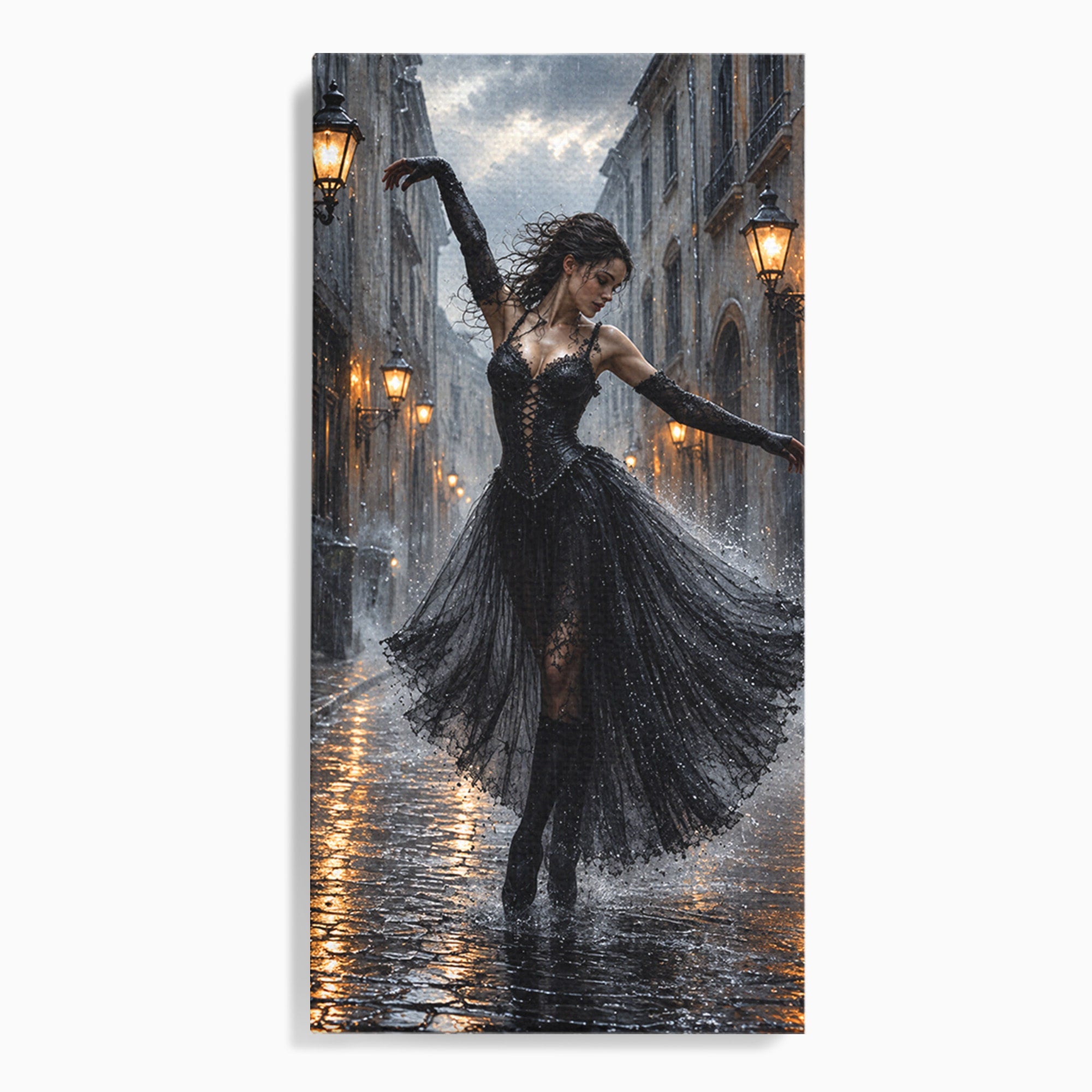 Tablou Canvas Premium LuxCanva® U1049, Balet Nocturn Pe Strazile Ude, Dansatoare, Ploaie, Romantic, Dramatic, Strada, Noapte, Living, Culori Vibrante