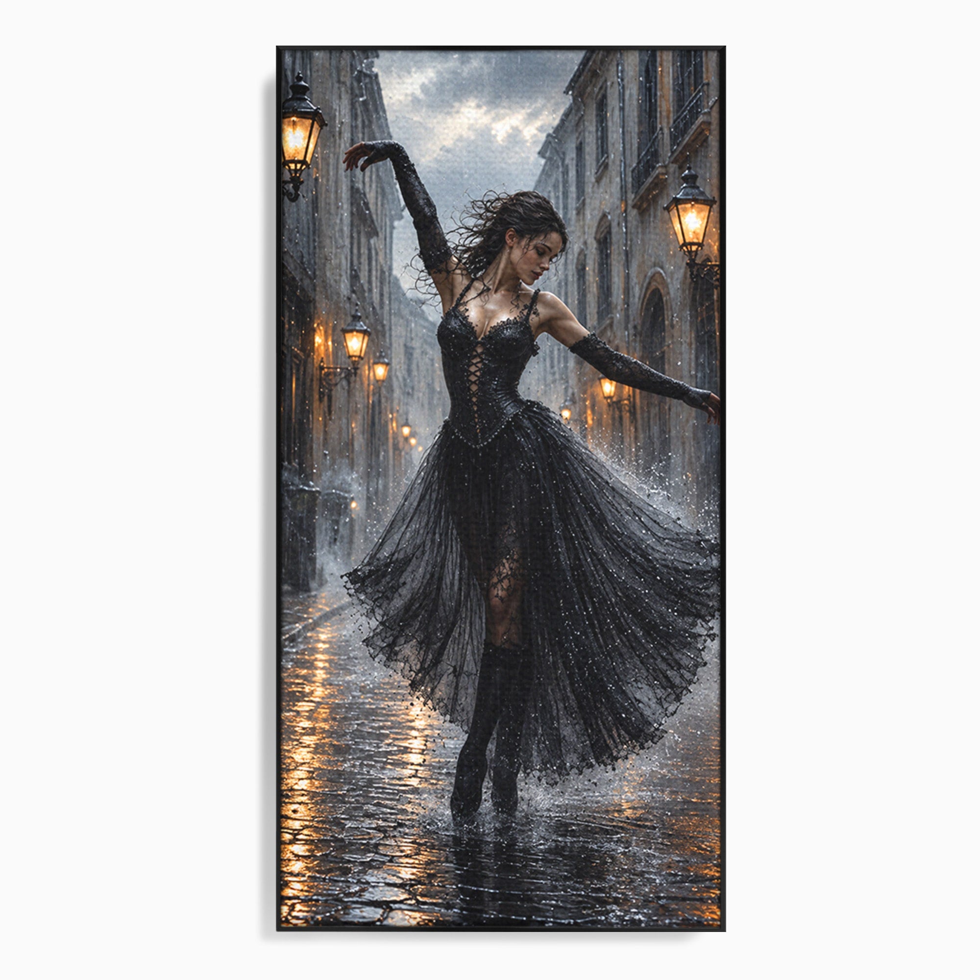 Tablou Canvas Premium LuxCanva® U1049, Balet Nocturn Pe Strazile Ude, Dansatoare, Ploaie, Romantic, Dramatic, Strada, Noapte, Living, Culori Vibrante