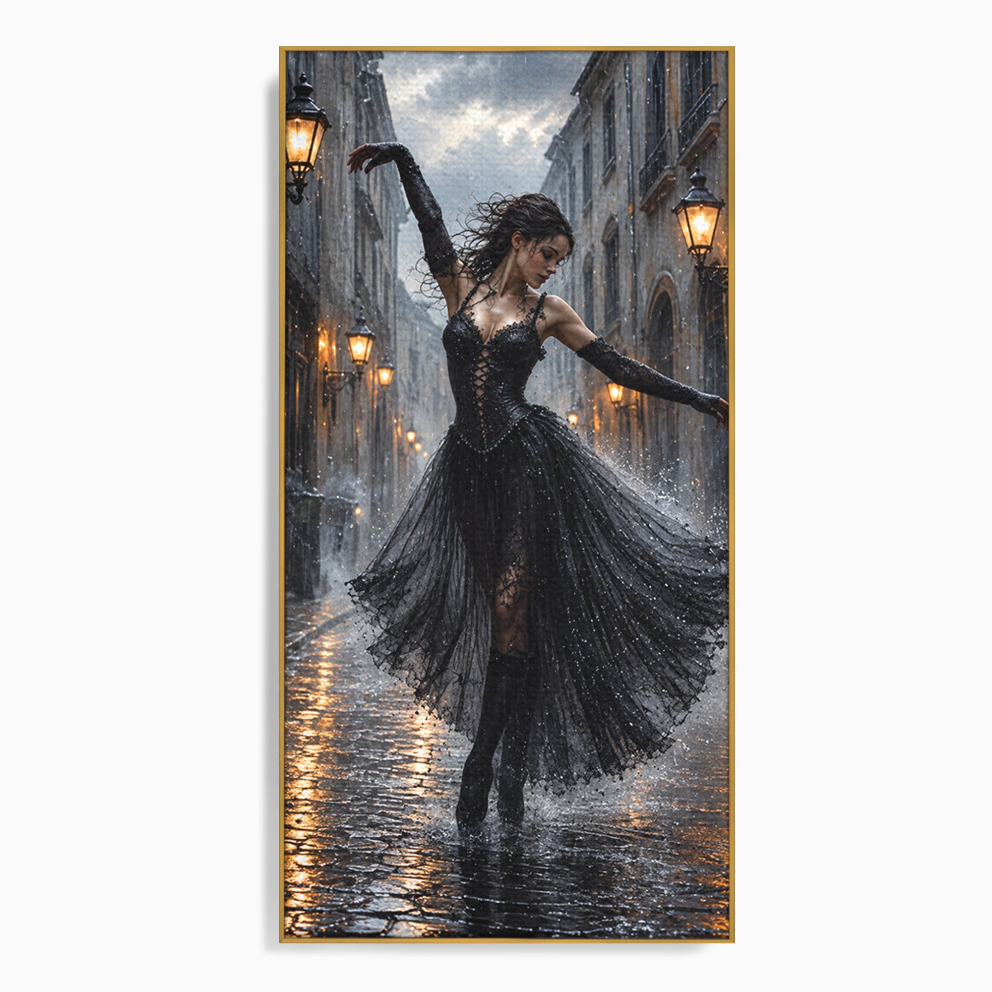 Tablou Canvas Premium LuxCanva® U1049, Balet Nocturn Pe Strazile Ude, Dansatoare, Ploaie, Romantic, Dramatic, Strada, Noapte, Living, Culori Vibrante