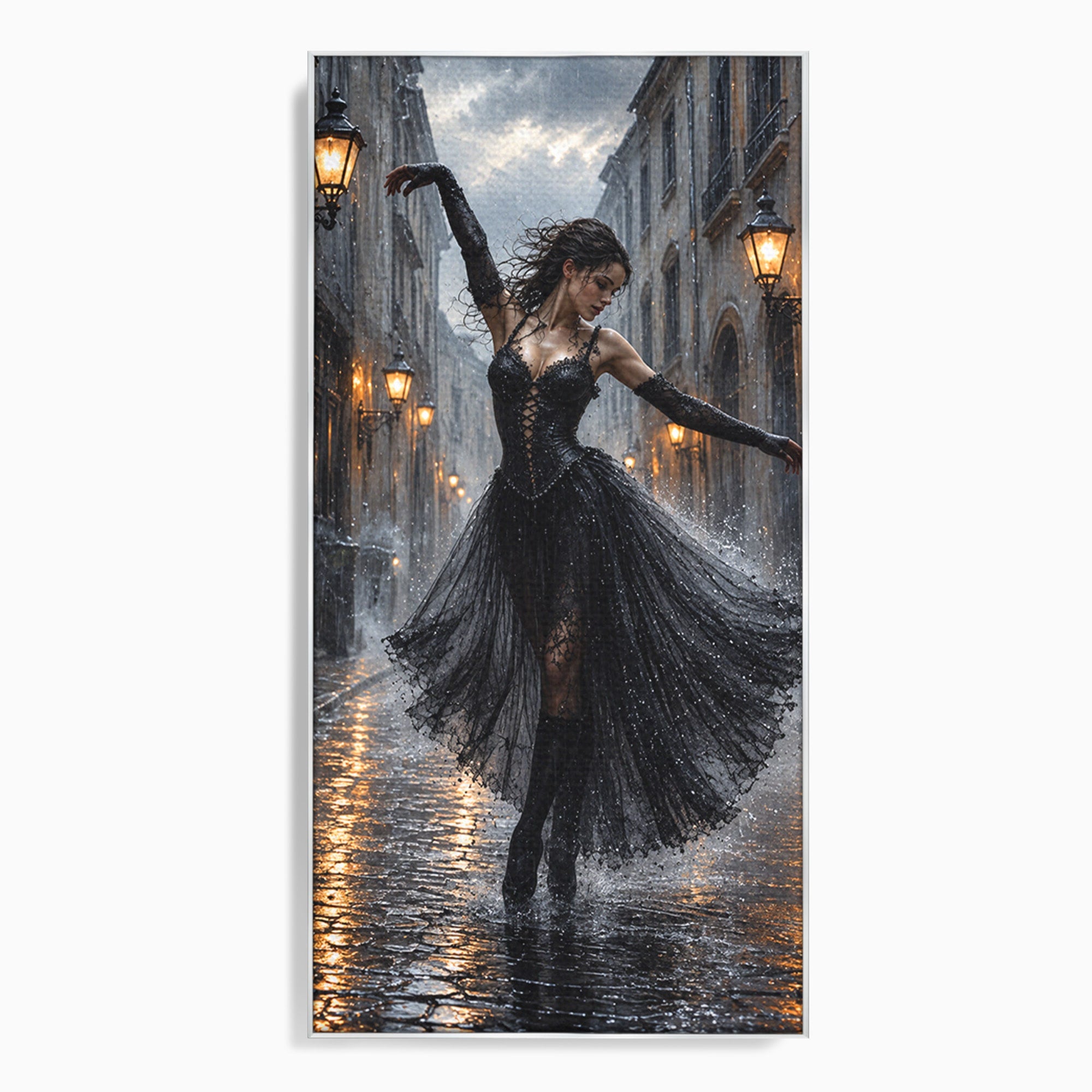 Tablou Canvas Premium LuxCanva® U1049, Balet Nocturn Pe Strazile Ude, Dansatoare, Ploaie, Romantic, Dramatic, Strada, Noapte, Living, Culori Vibrante