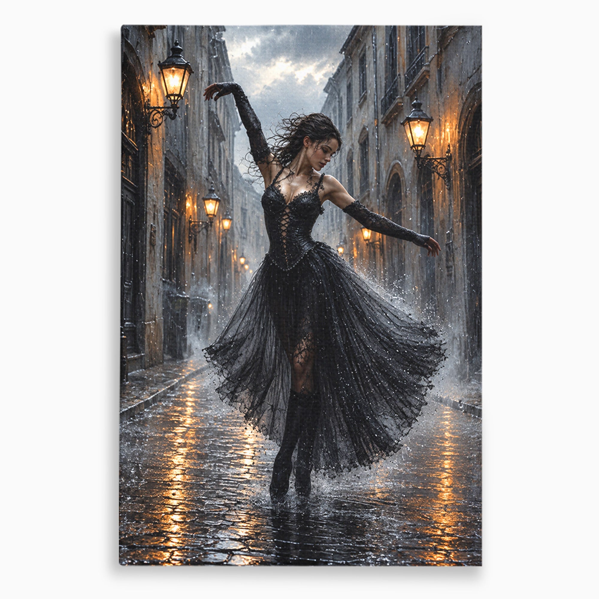 Tablou Canvas Premium LuxCanva® U1049, Balet Nocturn Pe Strazile Ude, Dansatoare, Ploaie, Romantic, Dramatic, Strada, Noapte, Living, Culori Vibrante