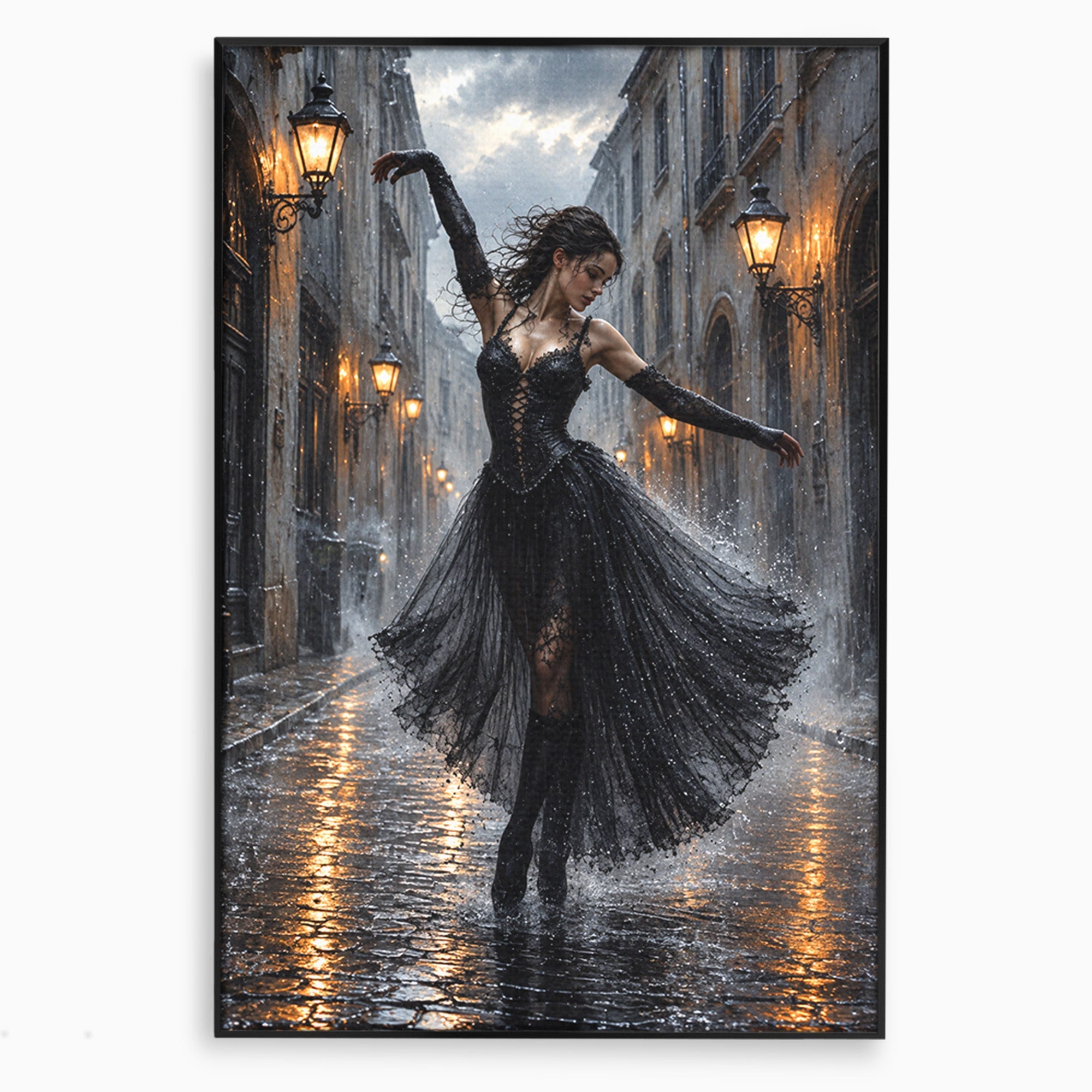 Tablou Canvas Premium LuxCanva® U1049, Balet Nocturn Pe Strazile Ude, Dansatoare, Ploaie, Romantic, Dramatic, Strada, Noapte, Living, Culori Vibrante