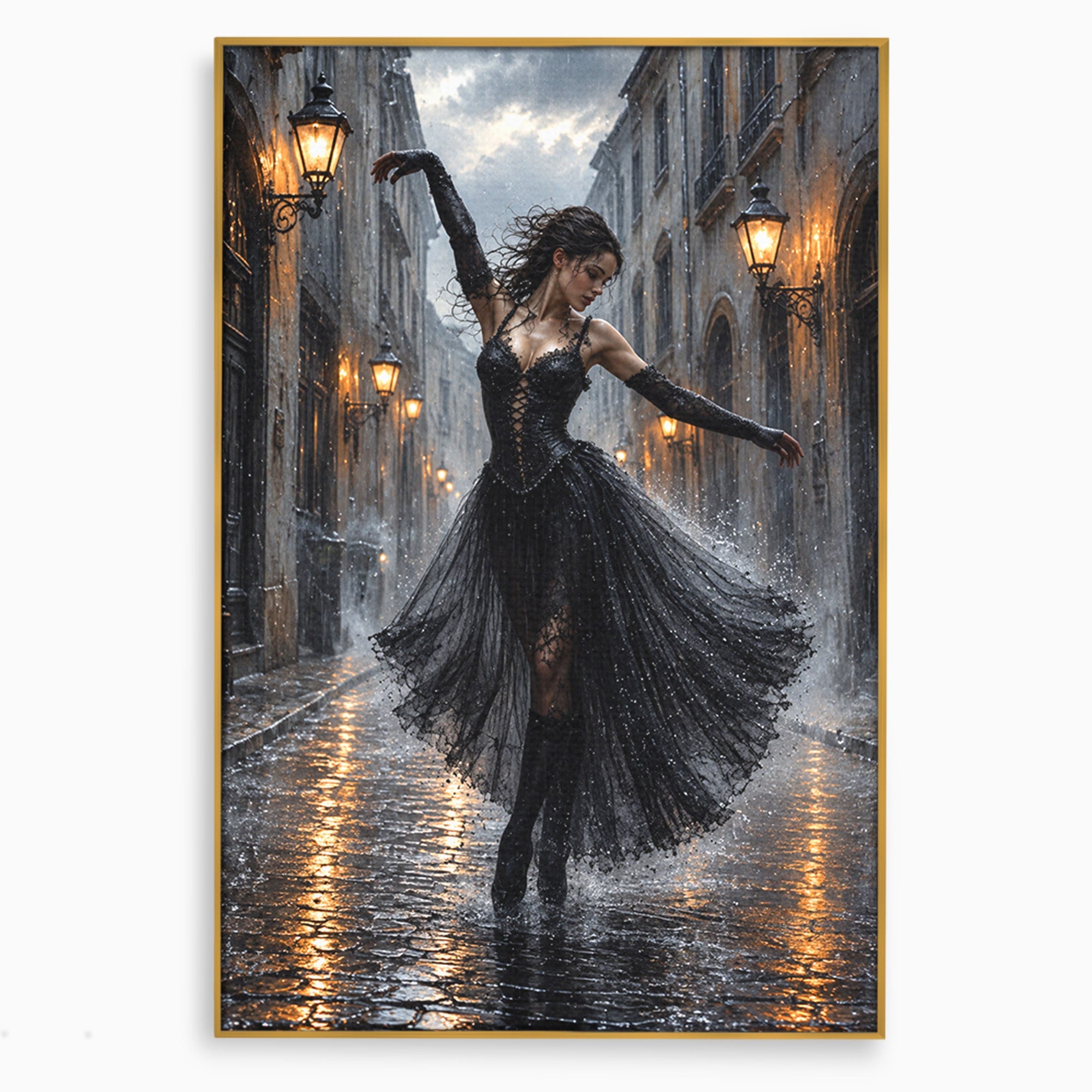 Tablou Canvas Premium LuxCanva® U1049, Balet Nocturn Pe Strazile Ude, Dansatoare, Ploaie, Romantic, Dramatic, Strada, Noapte, Living, Culori Vibrante
