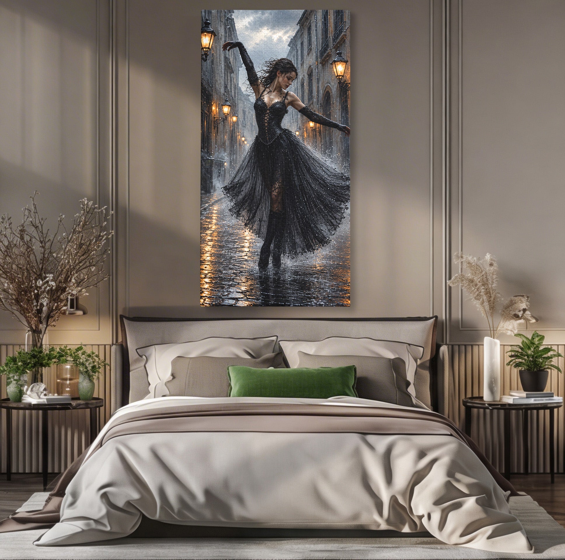 Tablou Canvas Premium LuxCanva® U1049, Balet Nocturn Pe Strazile Ude, Dansatoare, Ploaie, Romantic, Dramatic, Strada, Noapte, Living, Culori Vibrante