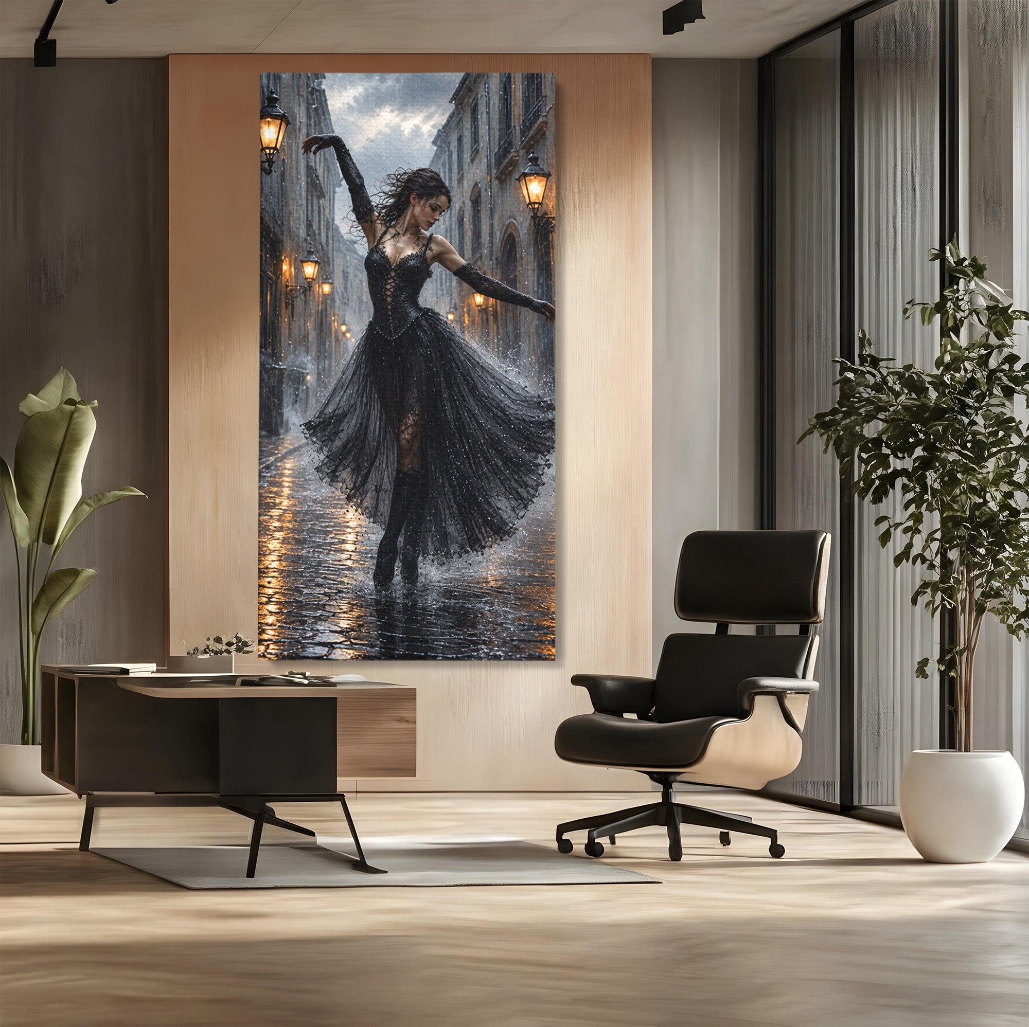 Tablou Canvas Premium LuxCanva® U1049, Balet Nocturn Pe Strazile Ude, Dansatoare, Ploaie, Romantic, Dramatic, Strada, Noapte, Living, Culori Vibrante