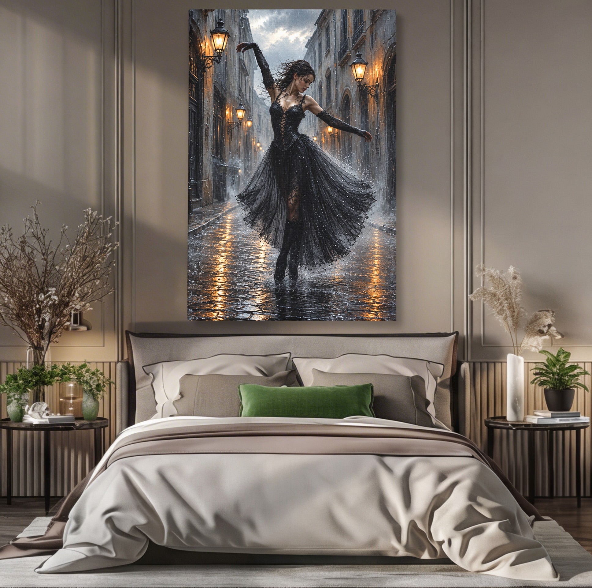Tablou Canvas Premium LuxCanva® U1049, Balet Nocturn Pe Strazile Ude, Dansatoare, Ploaie, Romantic, Dramatic, Strada, Noapte, Living, Culori Vibrante