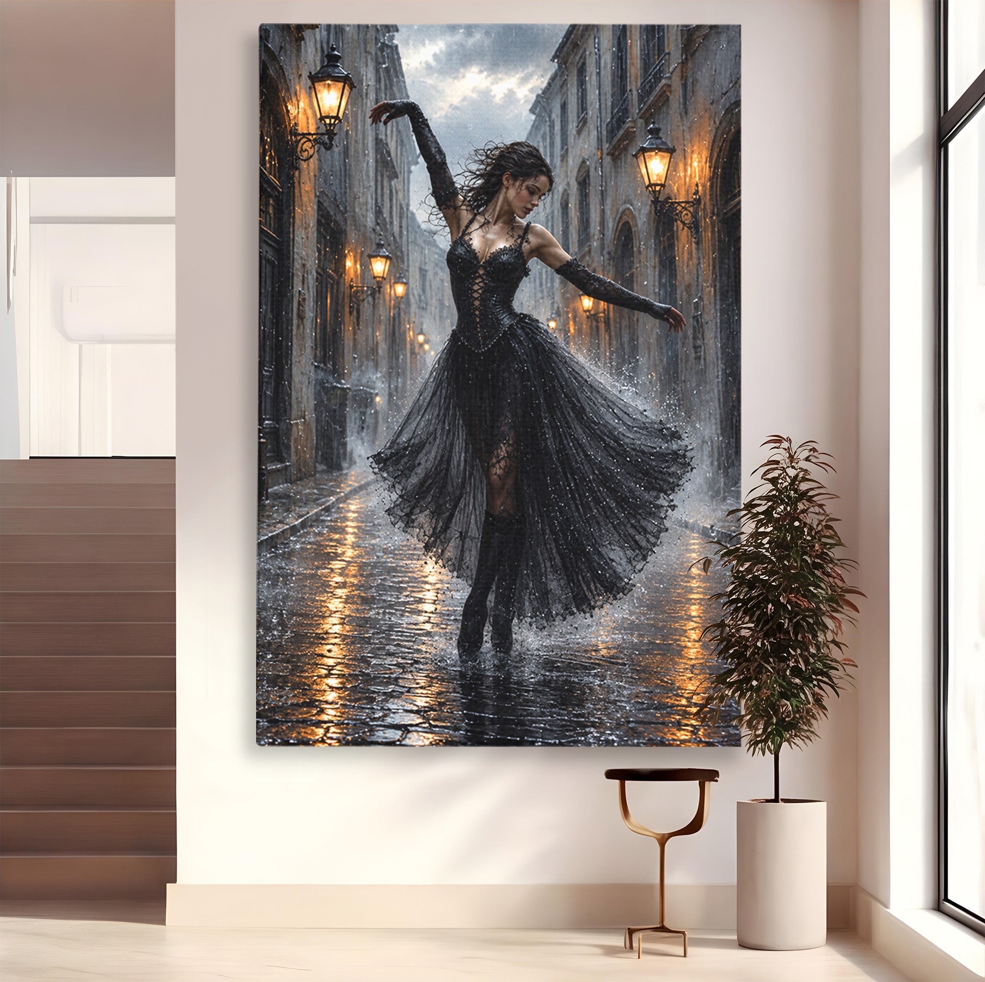Tablou Canvas Premium LuxCanva® U1049, Balet Nocturn Pe Strazile Ude, Dansatoare, Ploaie, Romantic, Dramatic, Strada, Noapte, Living, Culori Vibrante
