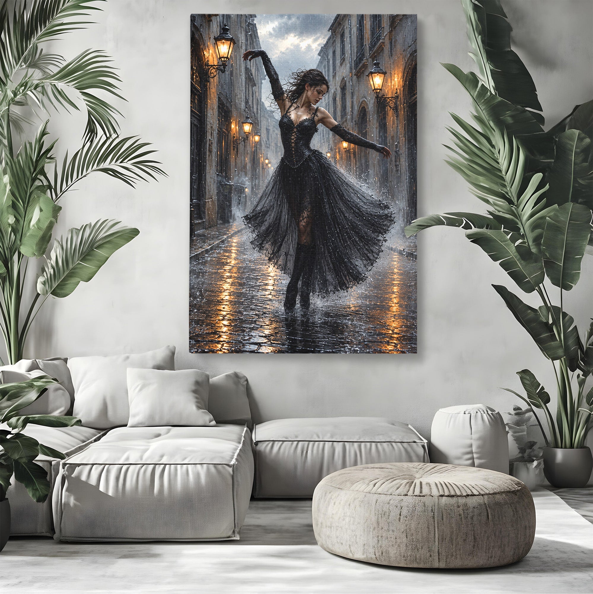 Tablou Canvas Premium LuxCanva® U1049, Balet Nocturn Pe Strazile Ude, Dansatoare, Ploaie, Romantic, Dramatic, Strada, Noapte, Living, Culori Vibrante