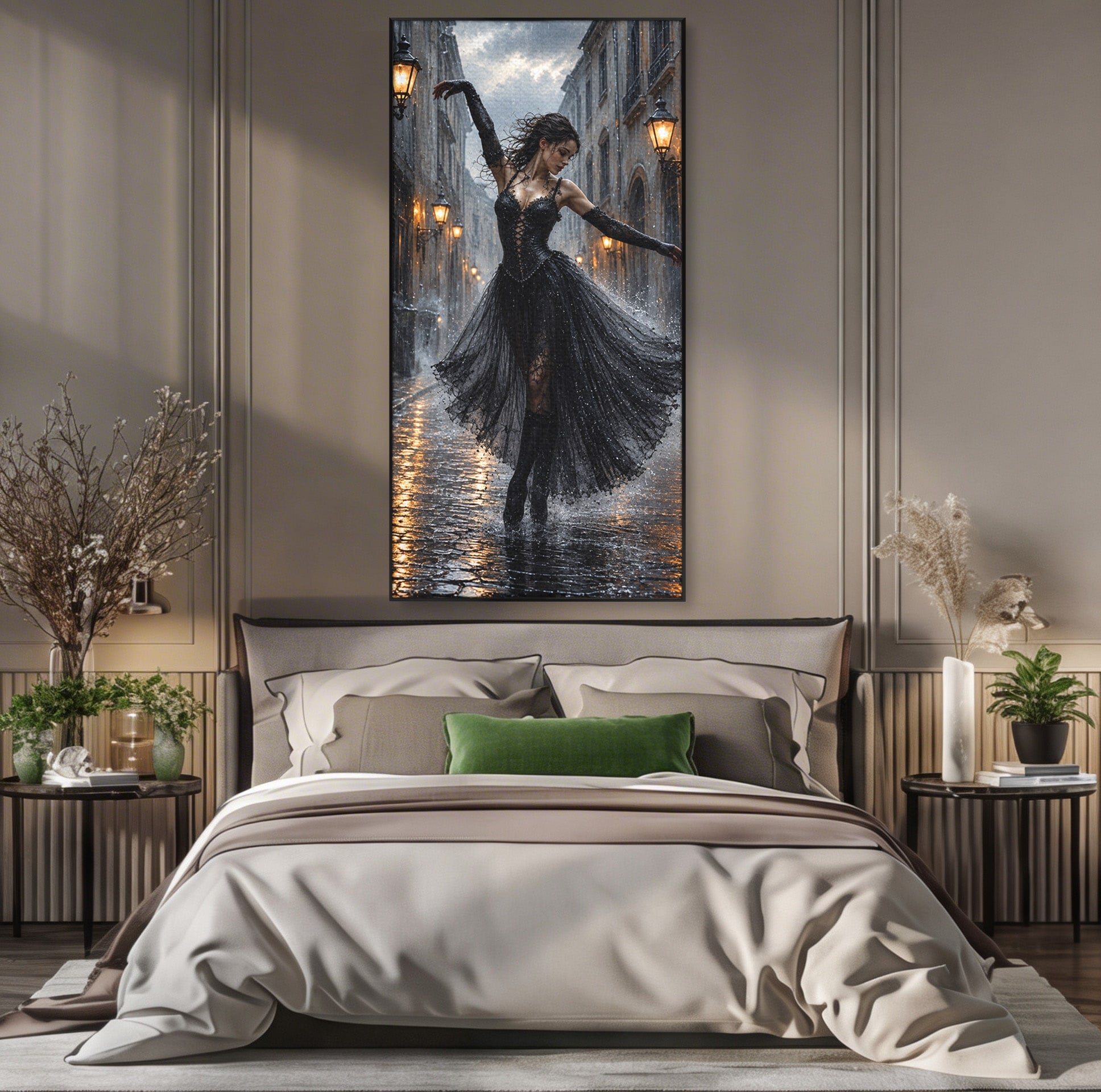 Tablou Canvas Premium LuxCanva® U1049, Balet Nocturn Pe Strazile Ude, Dansatoare, Ploaie, Romantic, Dramatic, Strada, Noapte, Living, Culori Vibrante