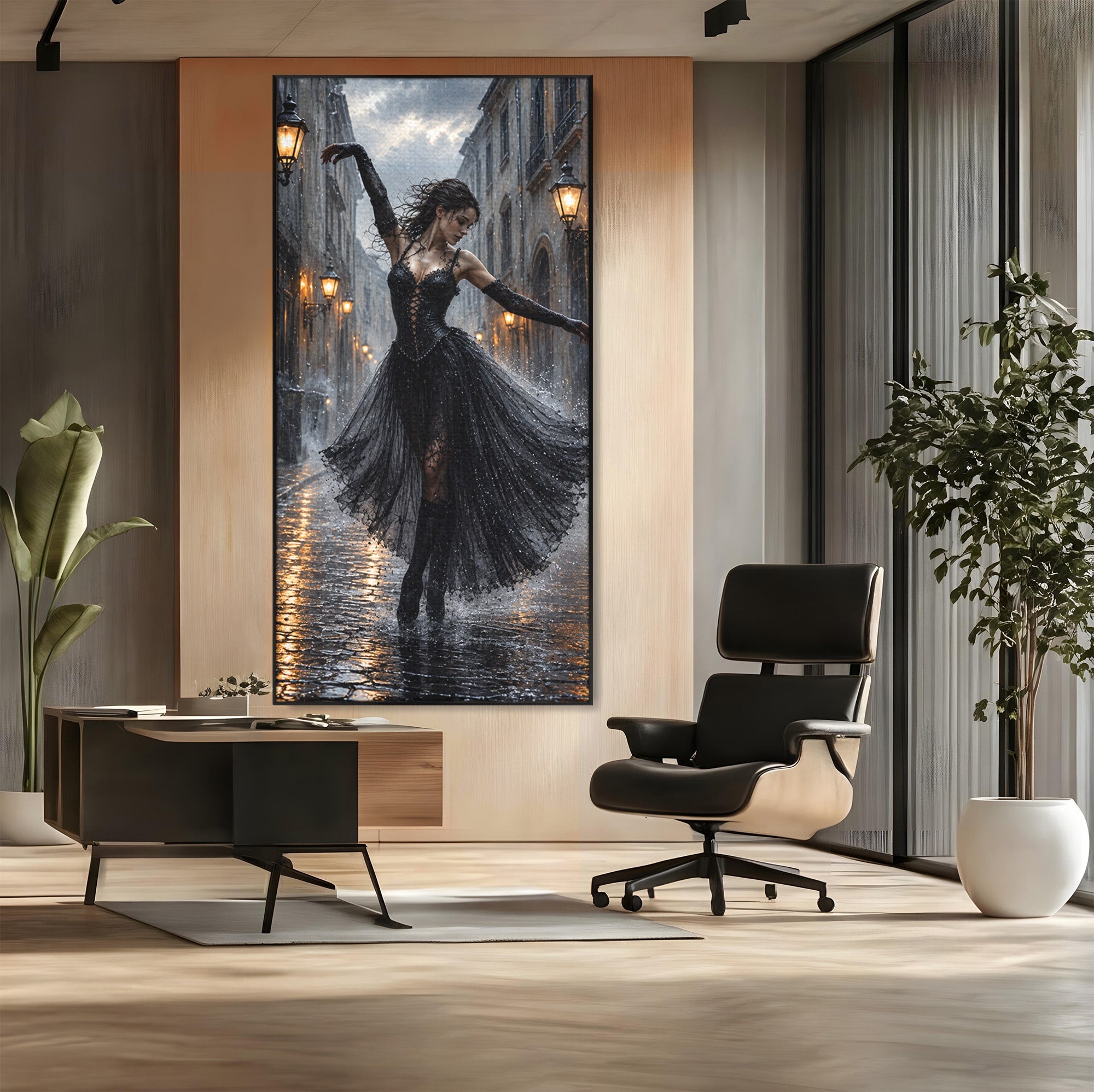 Tablou Canvas Premium LuxCanva® U1049, Balet Nocturn Pe Strazile Ude, Dansatoare, Ploaie, Romantic, Dramatic, Strada, Noapte, Living, Culori Vibrante