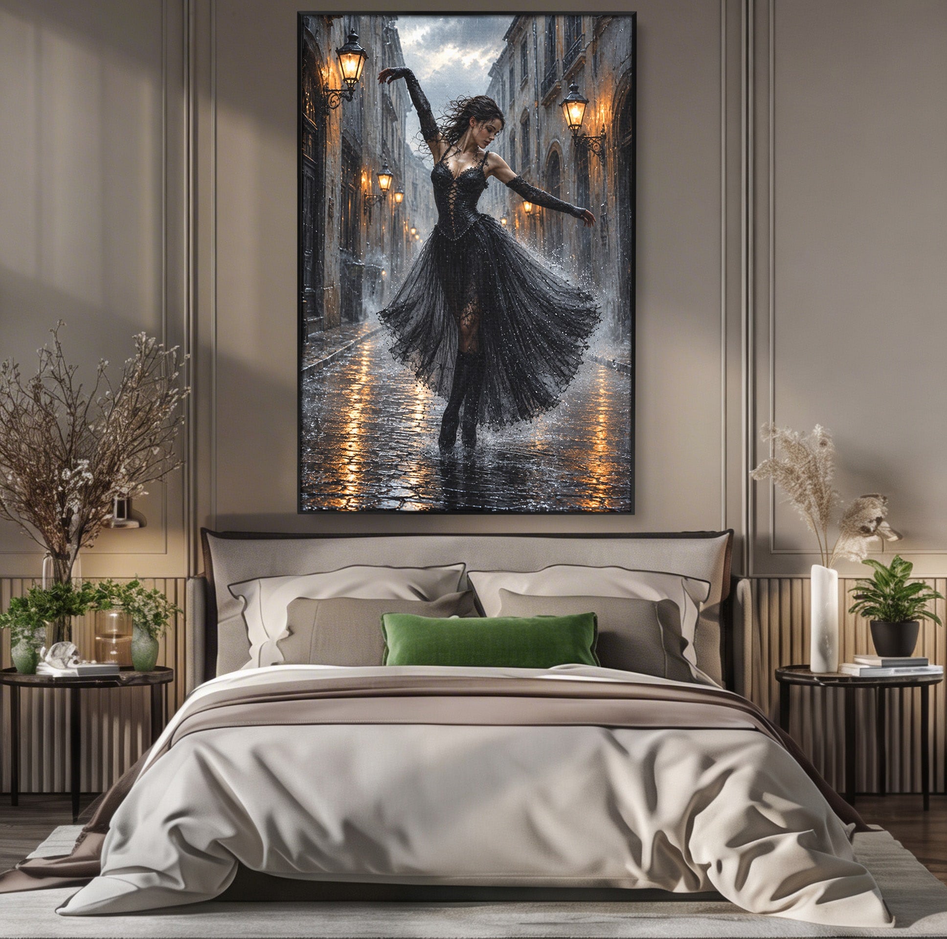 Tablou Canvas Premium LuxCanva® U1049, Balet Nocturn Pe Strazile Ude, Dansatoare, Ploaie, Romantic, Dramatic, Strada, Noapte, Living, Culori Vibrante