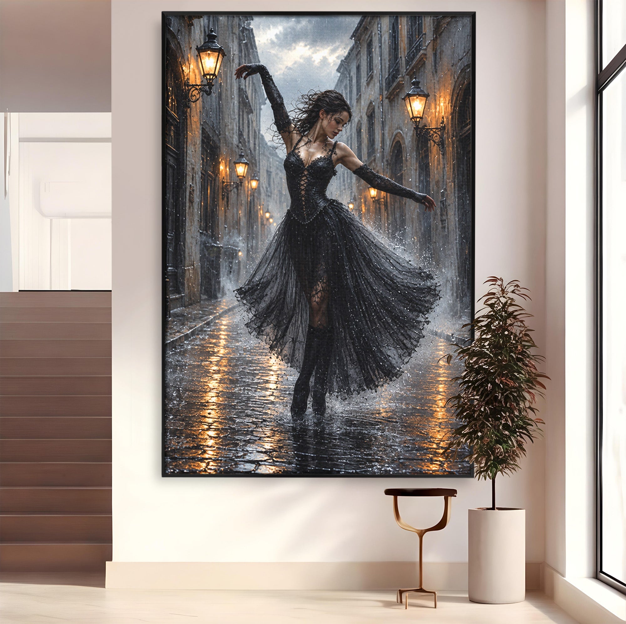Tablou Canvas Premium LuxCanva® U1049, Balet Nocturn Pe Strazile Ude, Dansatoare, Ploaie, Romantic, Dramatic, Strada, Noapte, Living, Culori Vibrante