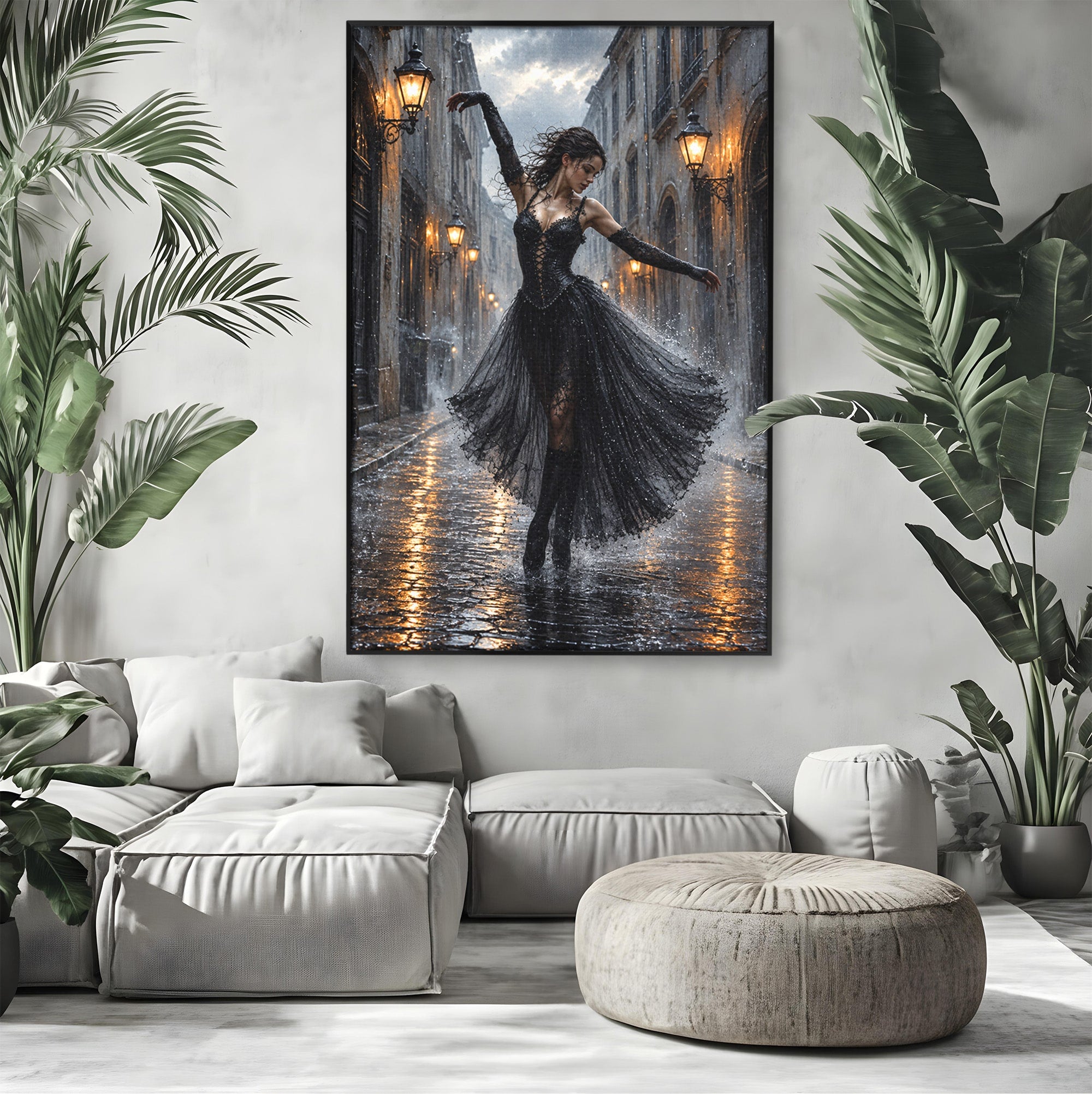 Tablou Canvas Premium LuxCanva® U1049, Balet Nocturn Pe Strazile Ude, Dansatoare, Ploaie, Romantic, Dramatic, Strada, Noapte, Living, Culori Vibrante