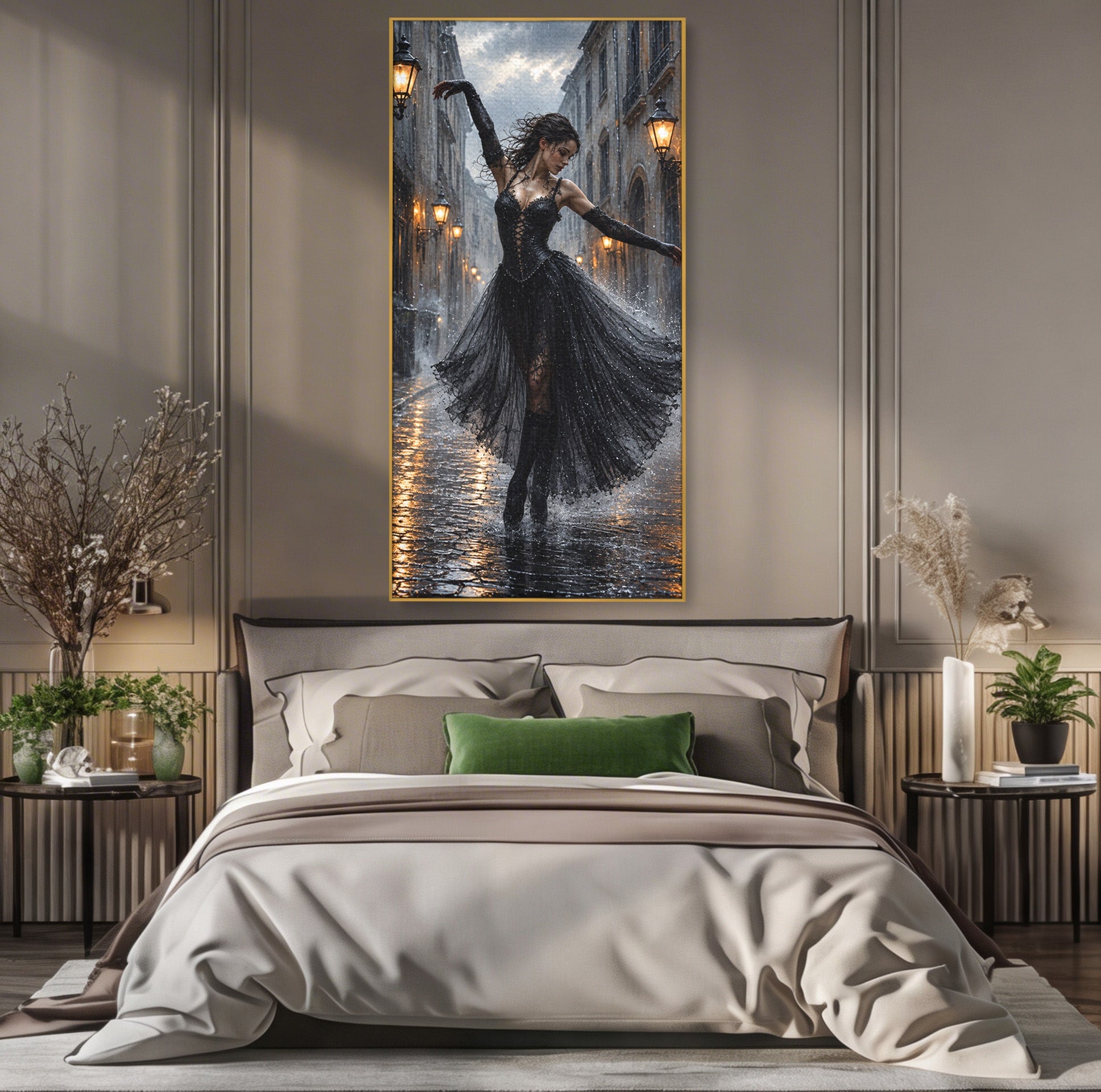 Tablou Canvas Premium LuxCanva® U1049, Balet Nocturn Pe Strazile Ude, Dansatoare, Ploaie, Romantic, Dramatic, Strada, Noapte, Living, Culori Vibrante