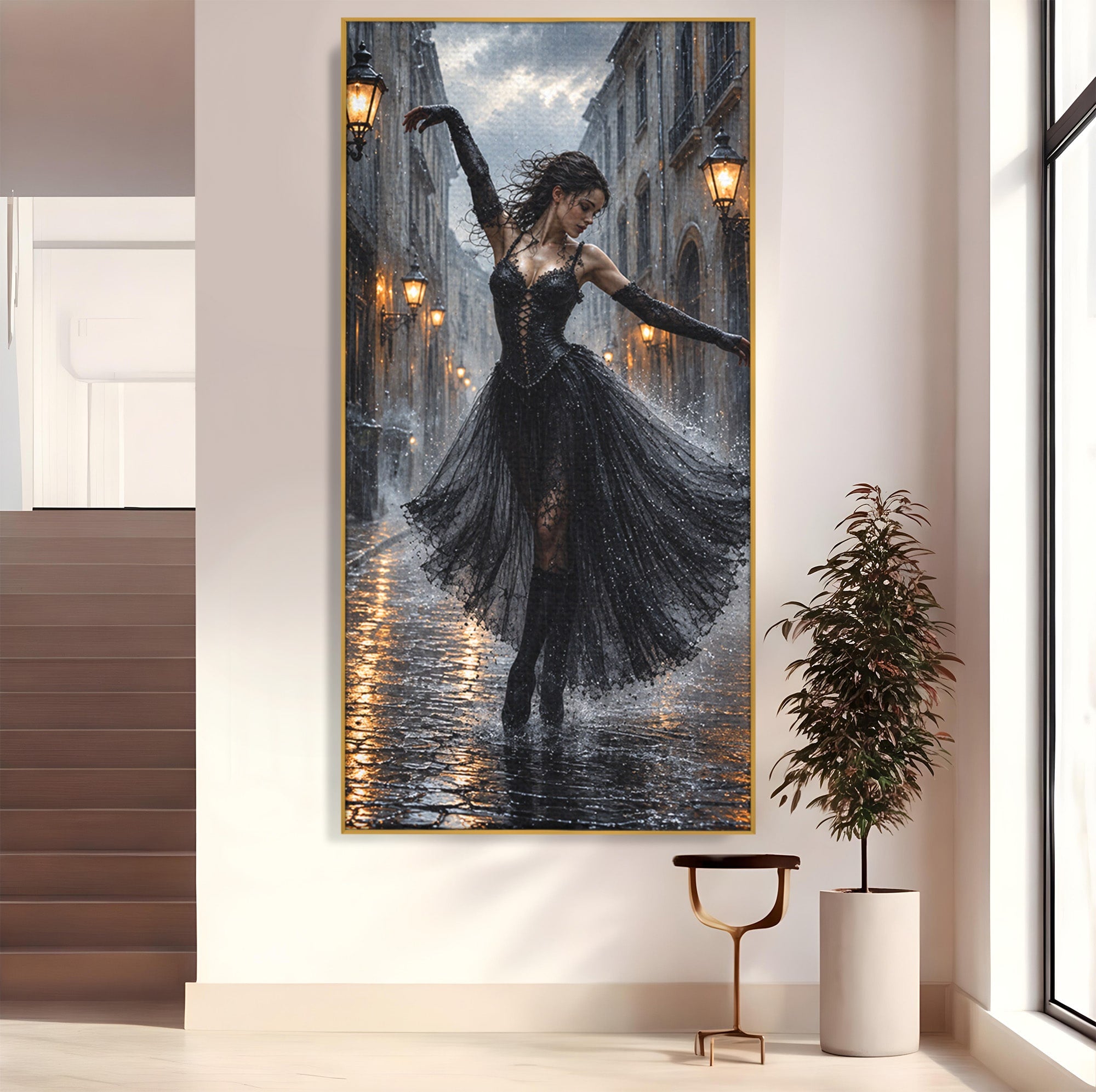 Tablou Canvas Premium LuxCanva® U1049, Balet Nocturn Pe Strazile Ude, Dansatoare, Ploaie, Romantic, Dramatic, Strada, Noapte, Living, Culori Vibrante