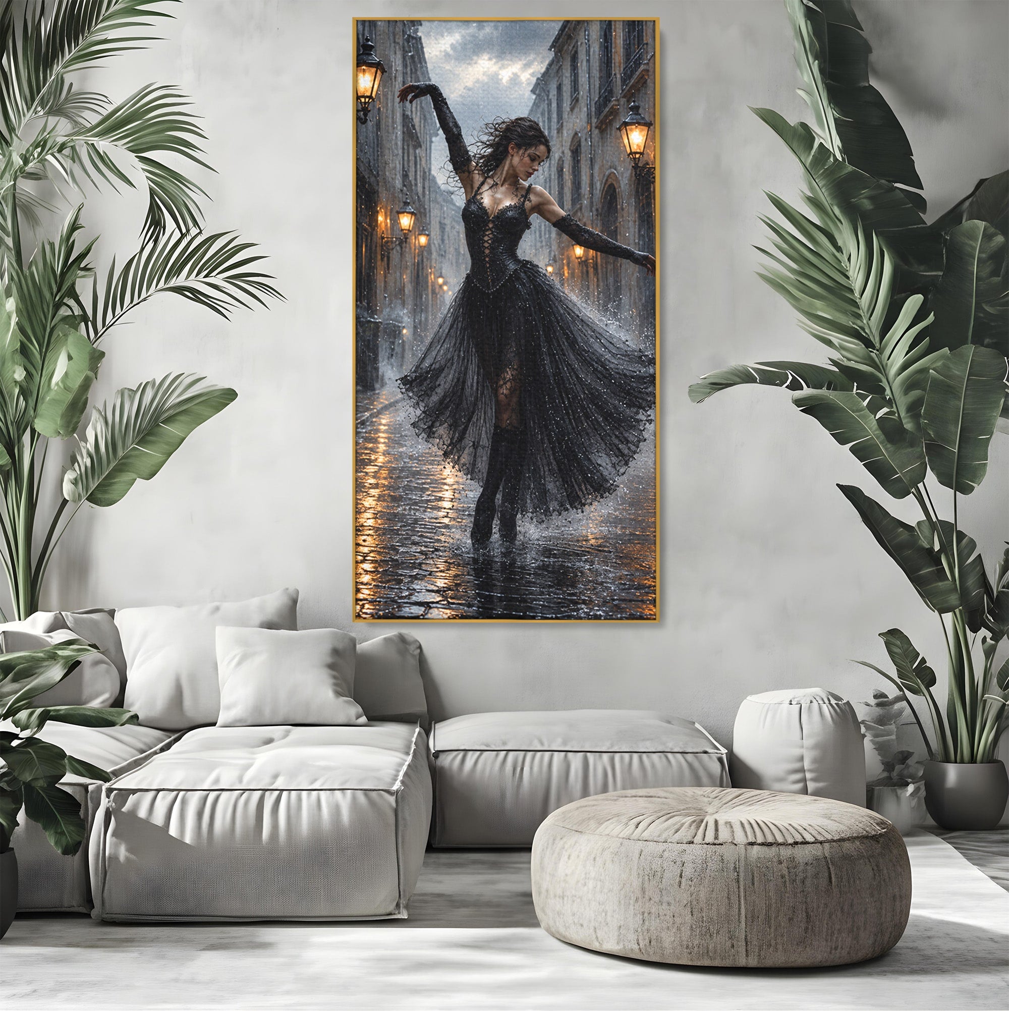 Tablou Canvas Premium LuxCanva® U1049, Balet Nocturn Pe Strazile Ude, Dansatoare, Ploaie, Romantic, Dramatic, Strada, Noapte, Living, Culori Vibrante