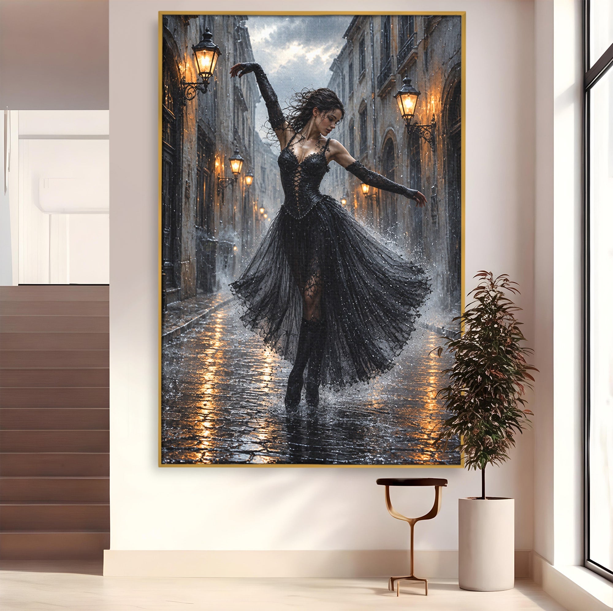 Tablou Canvas Premium LuxCanva® U1049, Balet Nocturn Pe Strazile Ude, Dansatoare, Ploaie, Romantic, Dramatic, Strada, Noapte, Living, Culori Vibrante