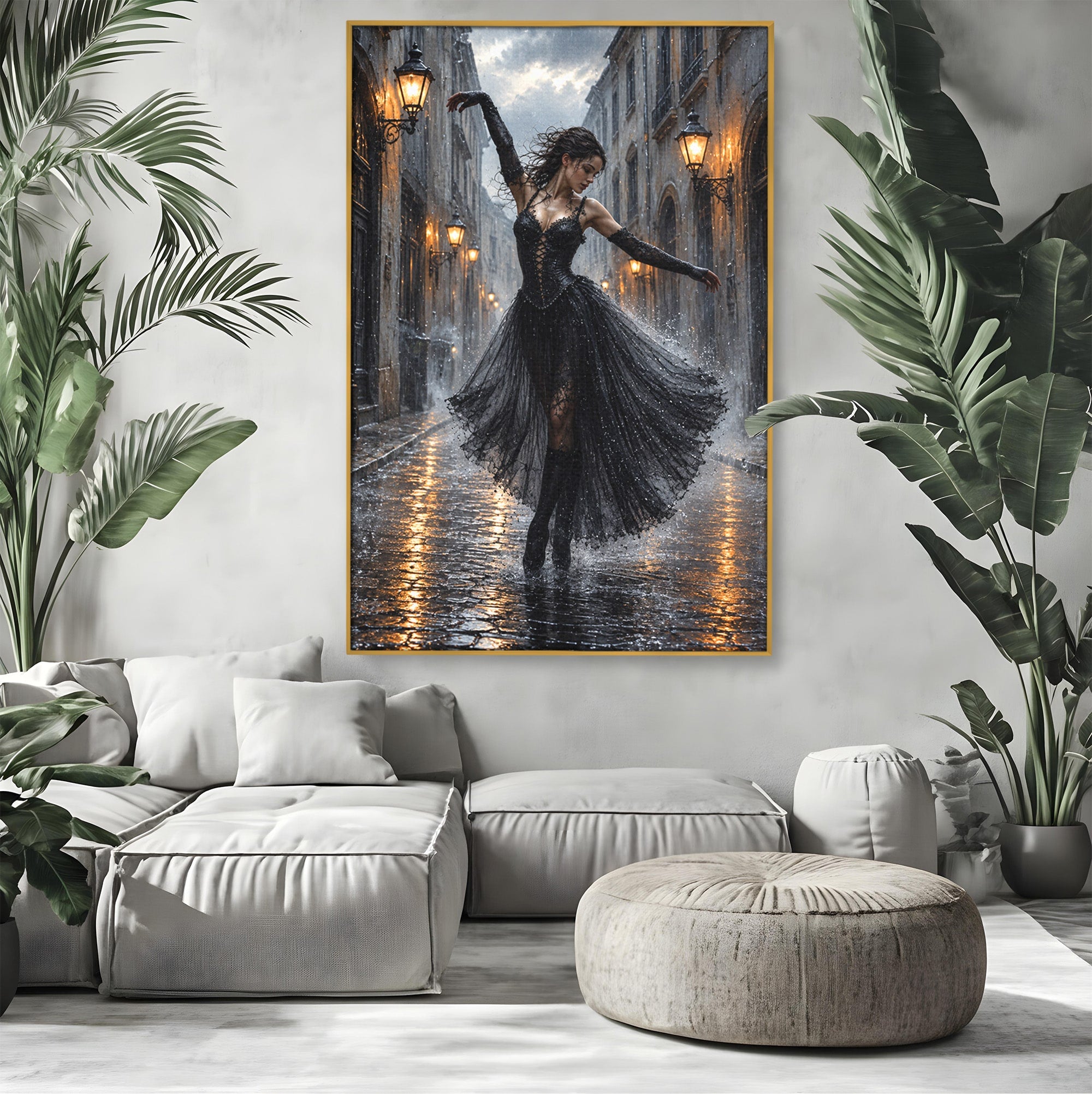 Tablou Canvas Premium LuxCanva® U1049, Balet Nocturn Pe Strazile Ude, Dansatoare, Ploaie, Romantic, Dramatic, Strada, Noapte, Living, Culori Vibrante