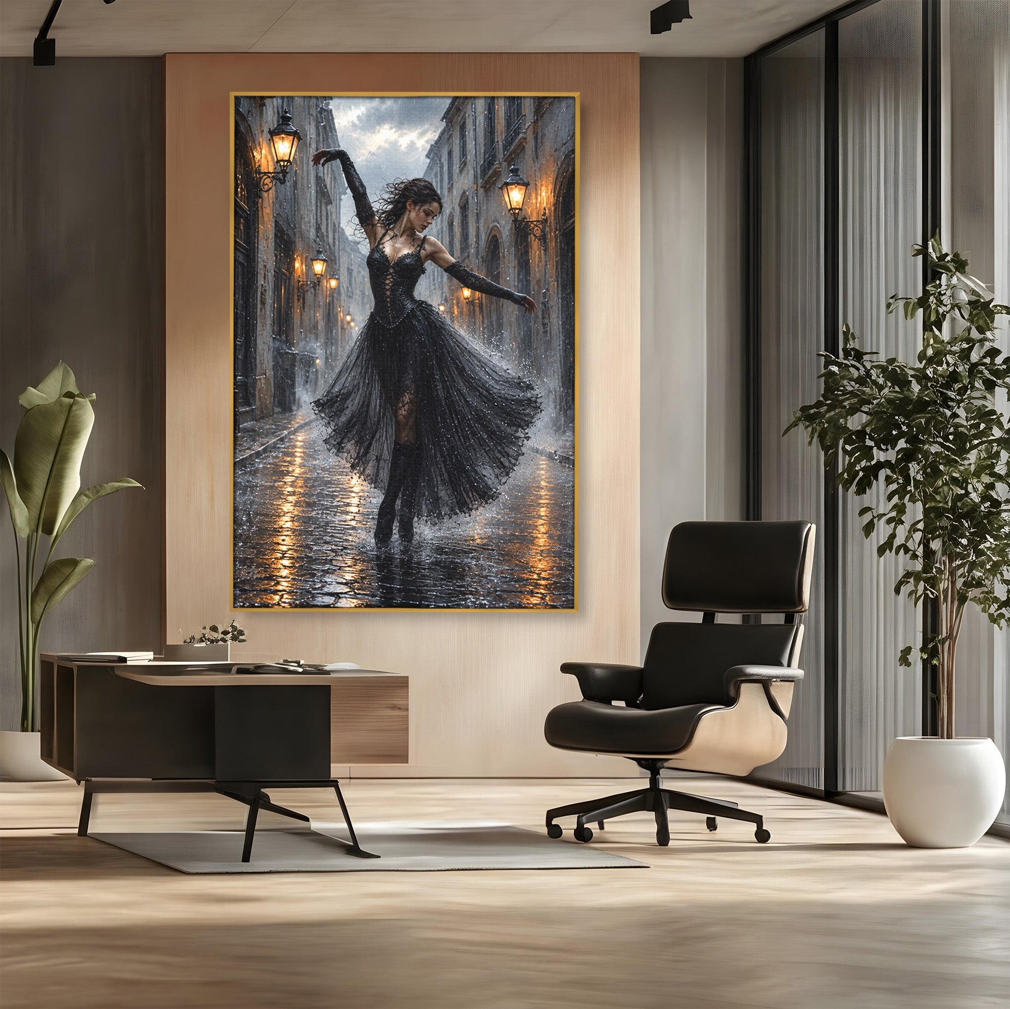 Tablou Canvas Premium LuxCanva® U1049, Balet Nocturn Pe Strazile Ude, Dansatoare, Ploaie, Romantic, Dramatic, Strada, Noapte, Living, Culori Vibrante