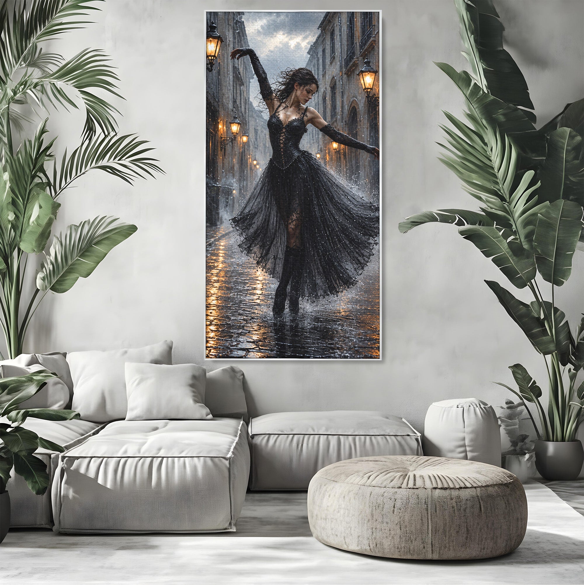 Tablou Canvas Premium LuxCanva® U1049, Balet Nocturn Pe Strazile Ude, Dansatoare, Ploaie, Romantic, Dramatic, Strada, Noapte, Living, Culori Vibrante