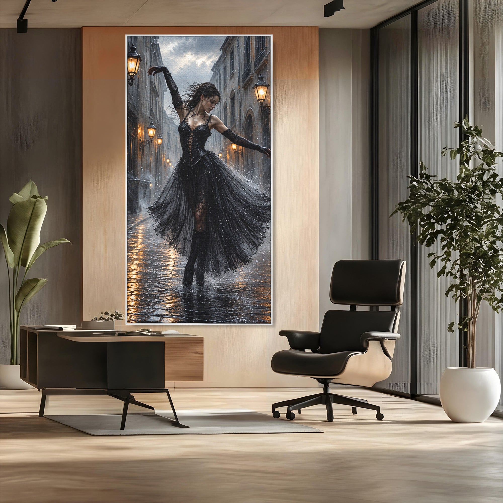 Tablou Canvas Premium LuxCanva® U1049, Balet Nocturn Pe Strazile Ude, Dansatoare, Ploaie, Romantic, Dramatic, Strada, Noapte, Living, Culori Vibrante