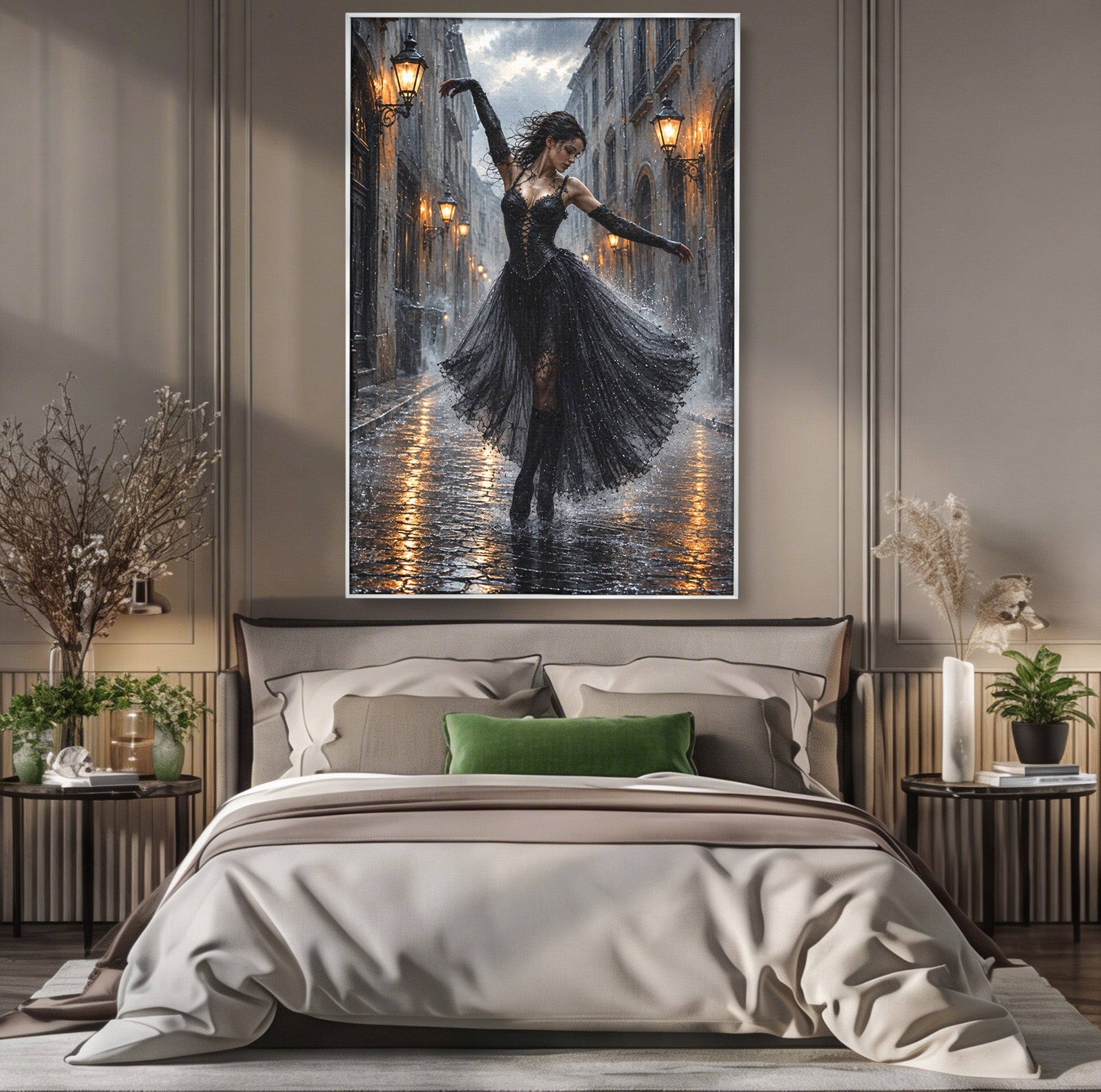 Tablou Canvas Premium LuxCanva® U1049, Balet Nocturn Pe Strazile Ude, Dansatoare, Ploaie, Romantic, Dramatic, Strada, Noapte, Living, Culori Vibrante